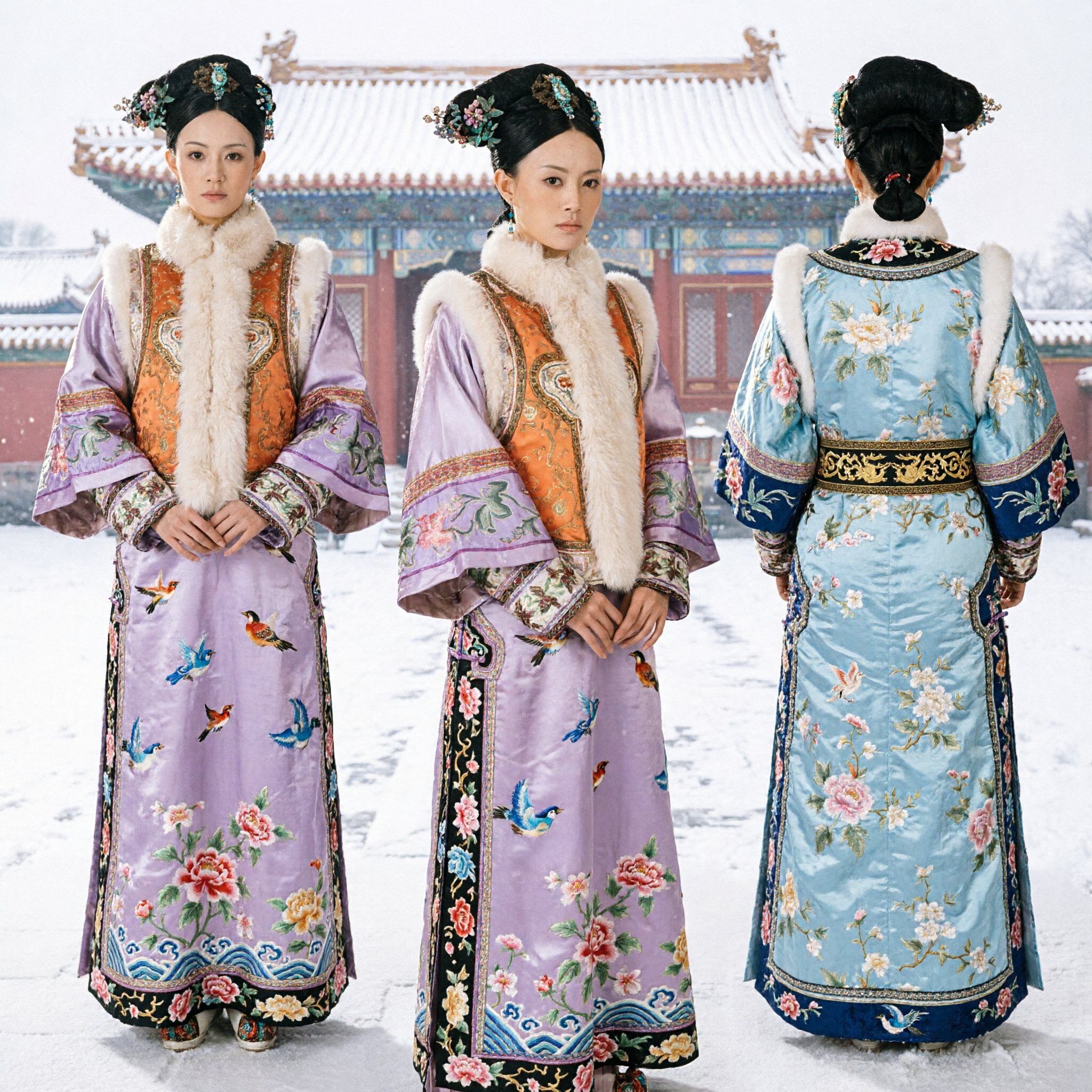 Traje de Dama de Palacio de la Dinastía Qing China Antigua, Túnica Púrpura Bordada con Cuello de Piel para Cosplay Histórico - Asian Costume