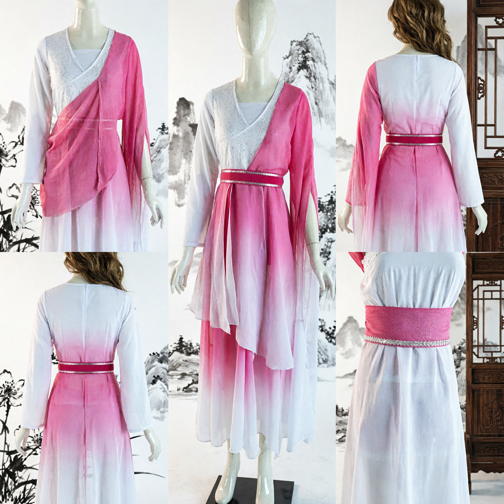 Traditionelles chinesisches Rosa-Weiß Verlauf-Hanfu-Kleid Antikes Feenkostüm für Frauen Tanzauftritte - Asian Costume