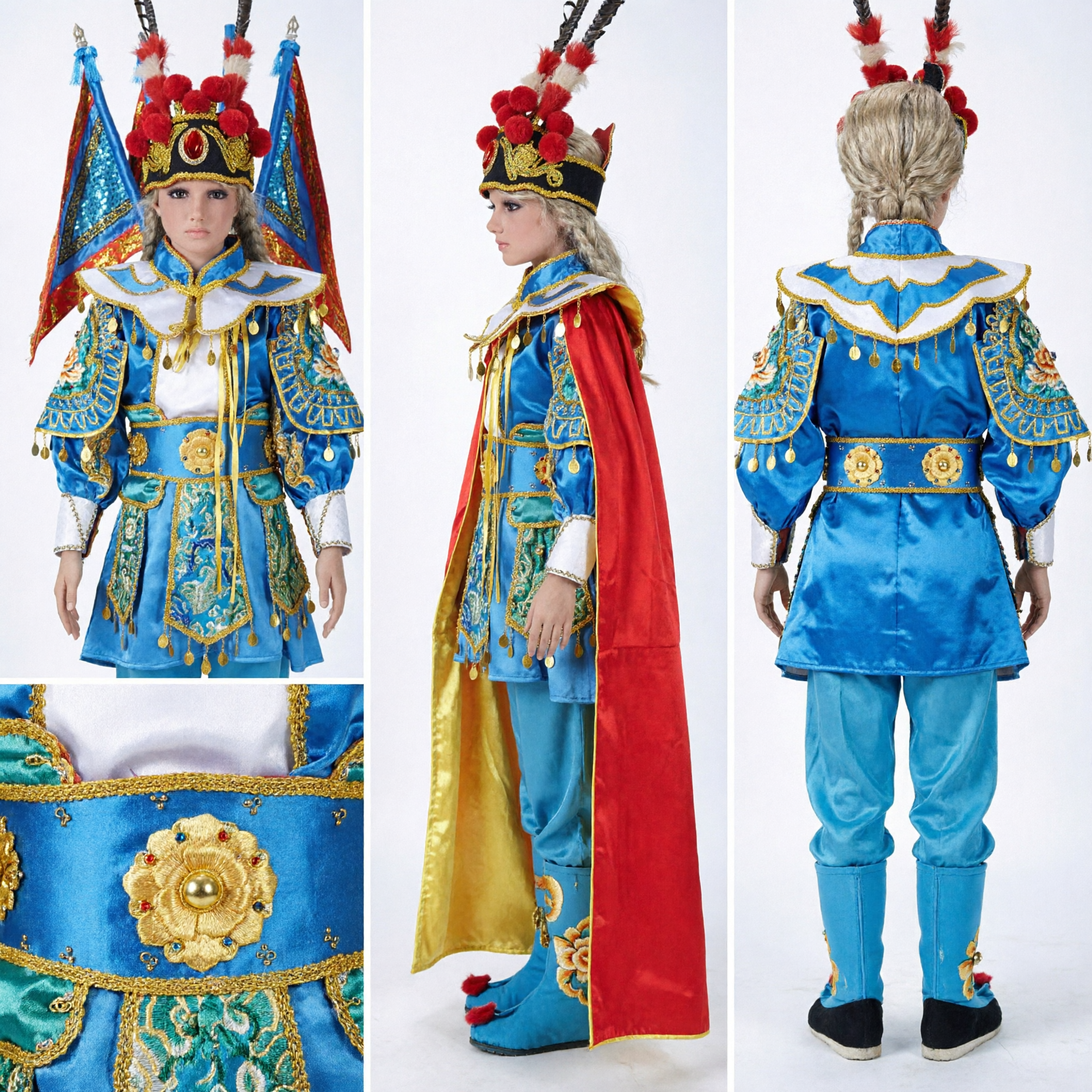 Costume Traditionnel de Général de l'Opéra Chinois Bleu et Doré avec Coiffure au Faisan pour Spectacle sur Scène et Cosplay - Asian Costume