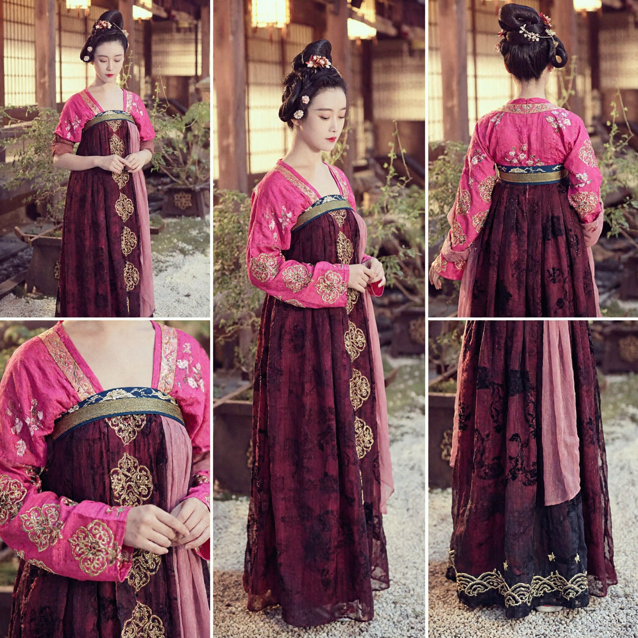 Traditioneel Chinese Hanfu Tang Dynastie Oud Paleis Kostuum Vrouwen Roze Geborduurde Top Karmozijnrode Rok Jurk - Asian Costume