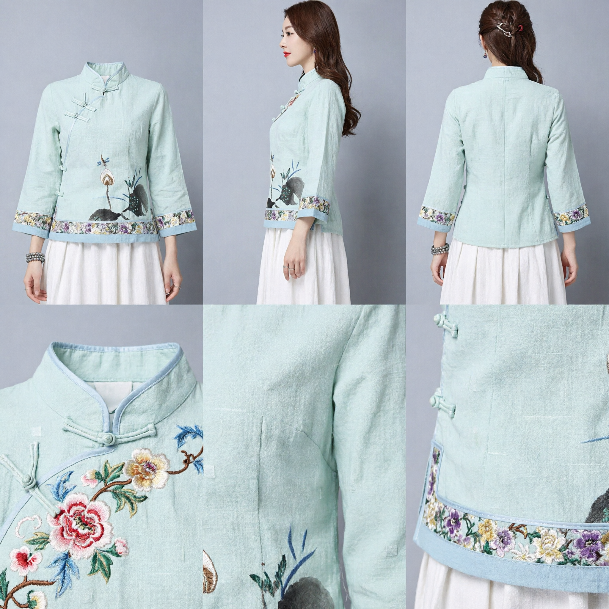 Women's Traditional Chinese Tang Suit Blouse Light Green Embroidered Mandarin Collar Top Vintage Hanfu Shirt - Asian Costume