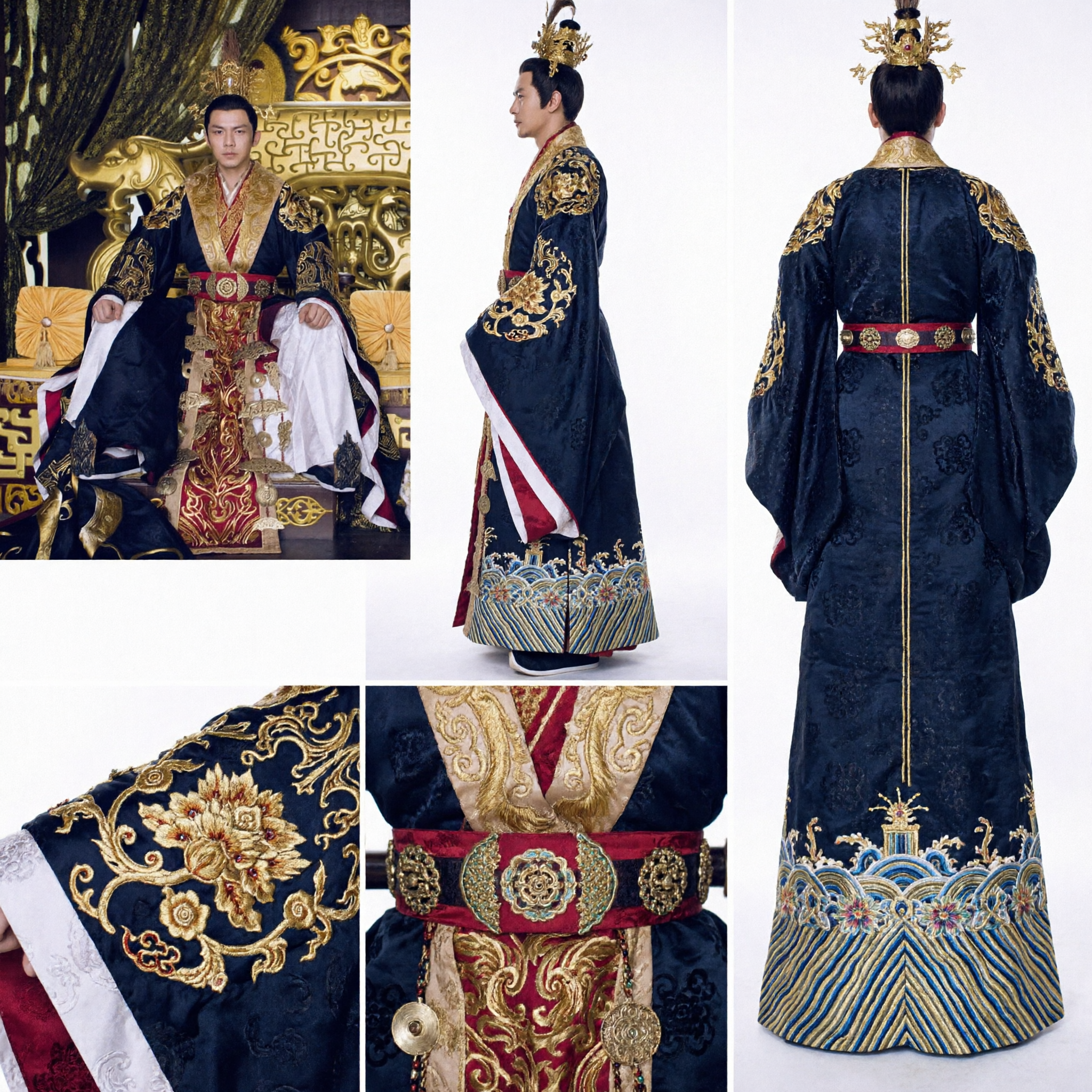 Antiek Chinees keizer-kostuum voor heren - Zwarte gouden drakenmantel Hanfu voor historische cosplay - Asian Costume