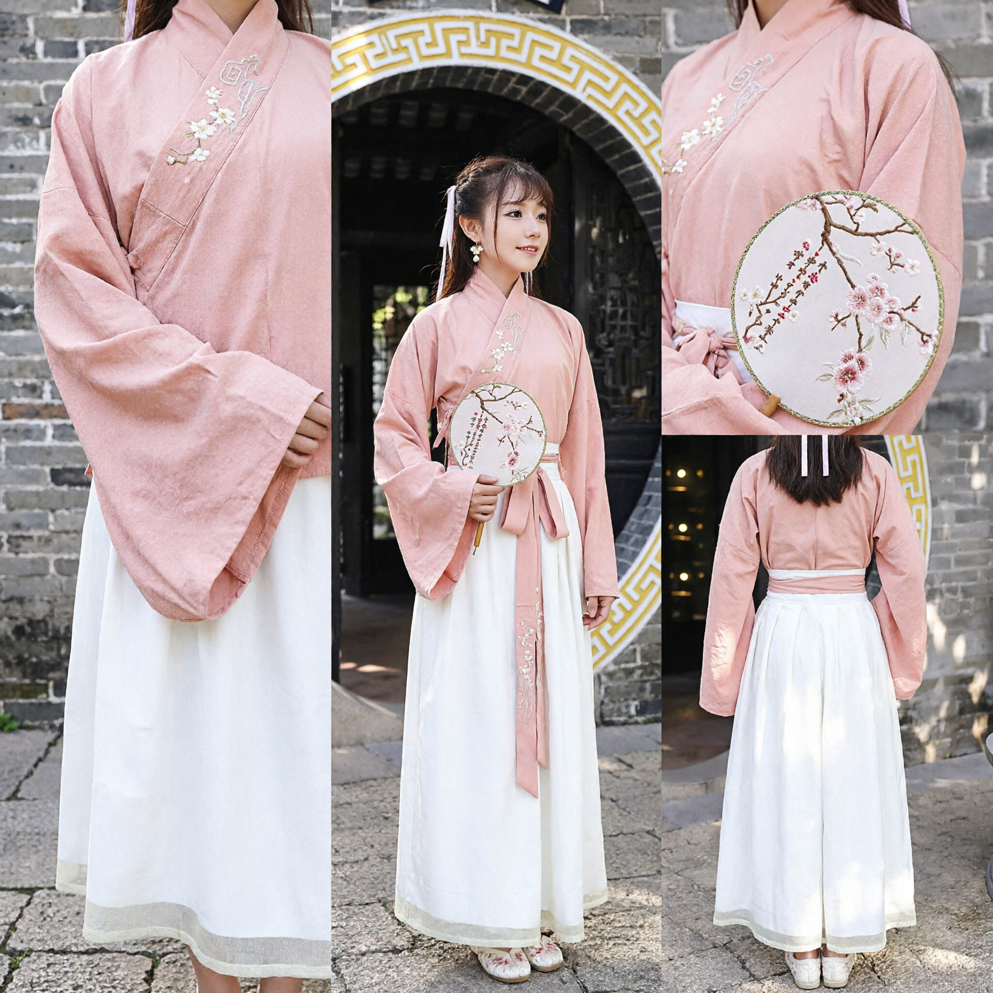Traditionelles chinesisches Hanfu-Kostüm, Rosa besticktes Kreuzkragen-Oberteil und weißer Rock-Set für Frauen, Historisches Cosplay - Asian Costume