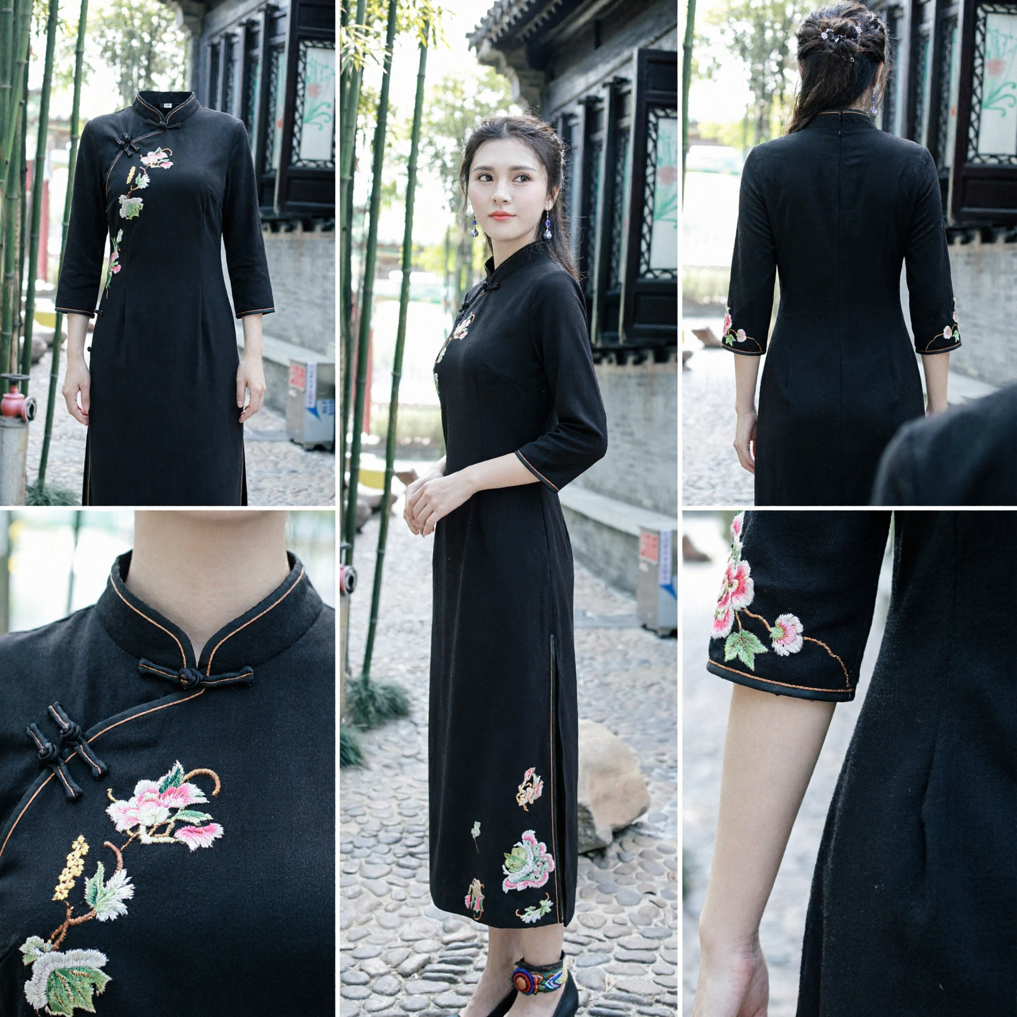 Robe Cheongsam traditionnelle chinoise élégante noire à manches longues avec broderie florale, Qipao pour femmes pour port quotidien - Asian Costume