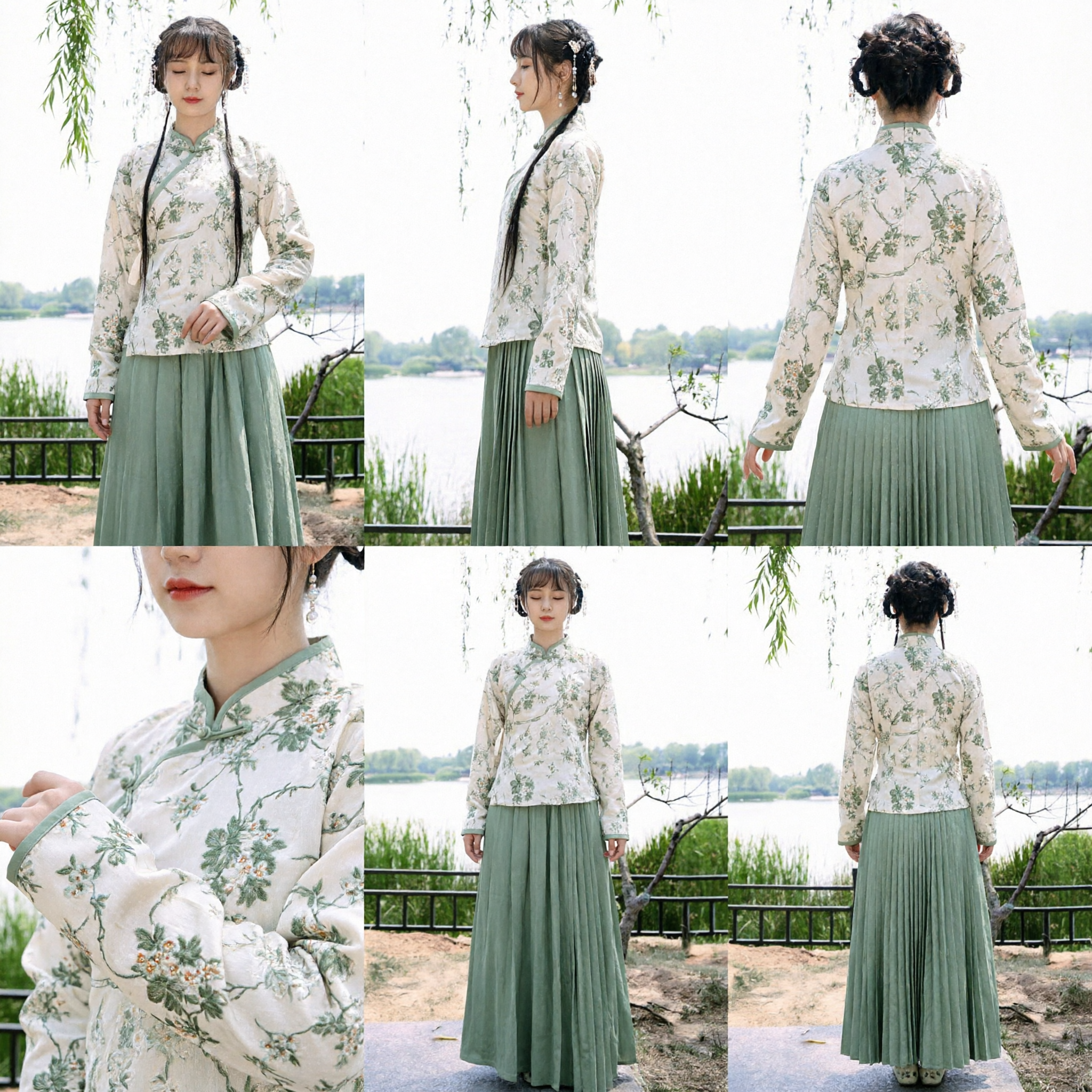 Frauen Traditionelles chinesisches Hanfu Ming-Dynastie Ruqun Set Blumenmuster Top und salbeigrüner Plisseerock Kostüm - Asian Costume