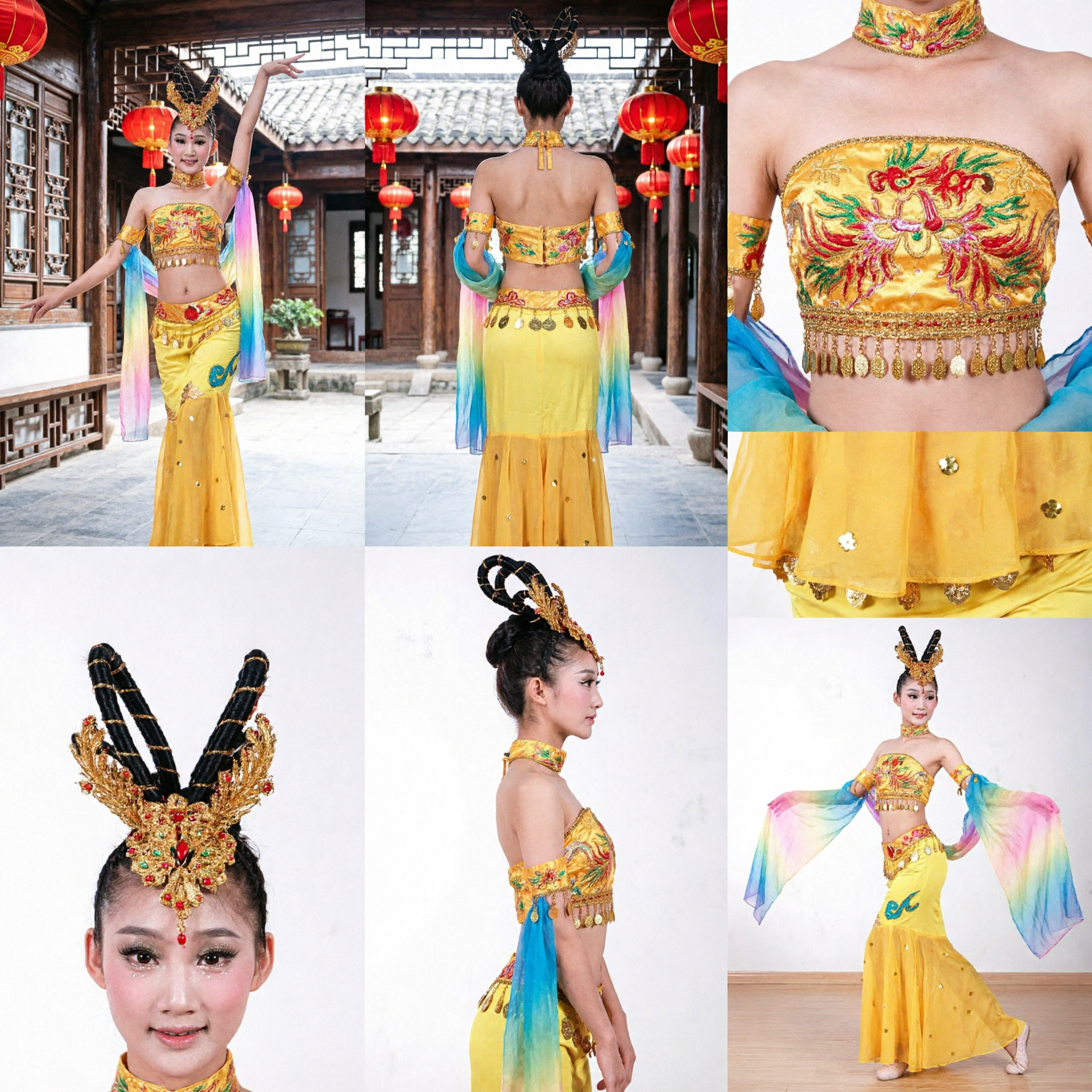 Żółty Chiński Klasyczny Strój Taneczny dla Dziewczynek, Dziecięcy Strój Dunhuang Latającej Apsary z Wstęgami na Występy Scenowe - Asian Costume