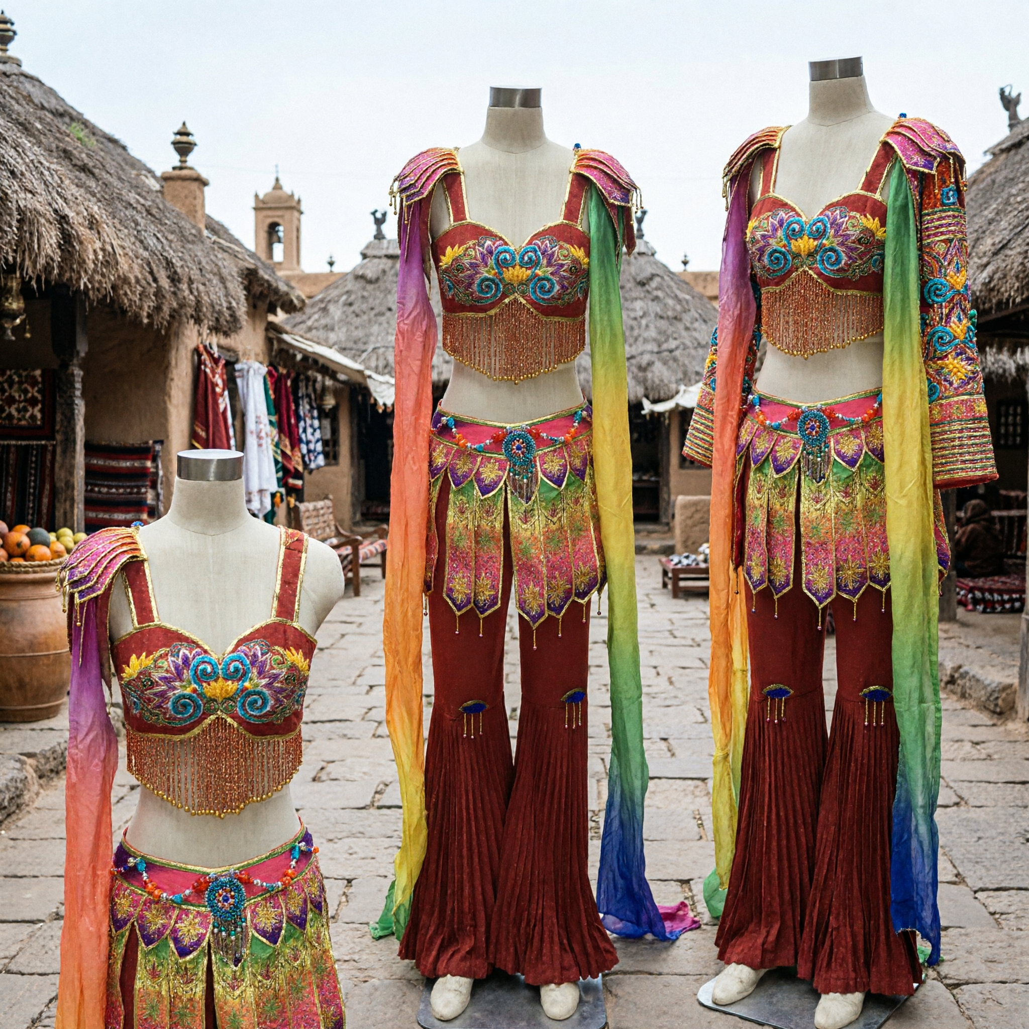 Costume da danza del pavone Dai cinese tradizionale per donna per esibizioni sul palco con maniche arcobaleno e frange dorate - Asian Costume