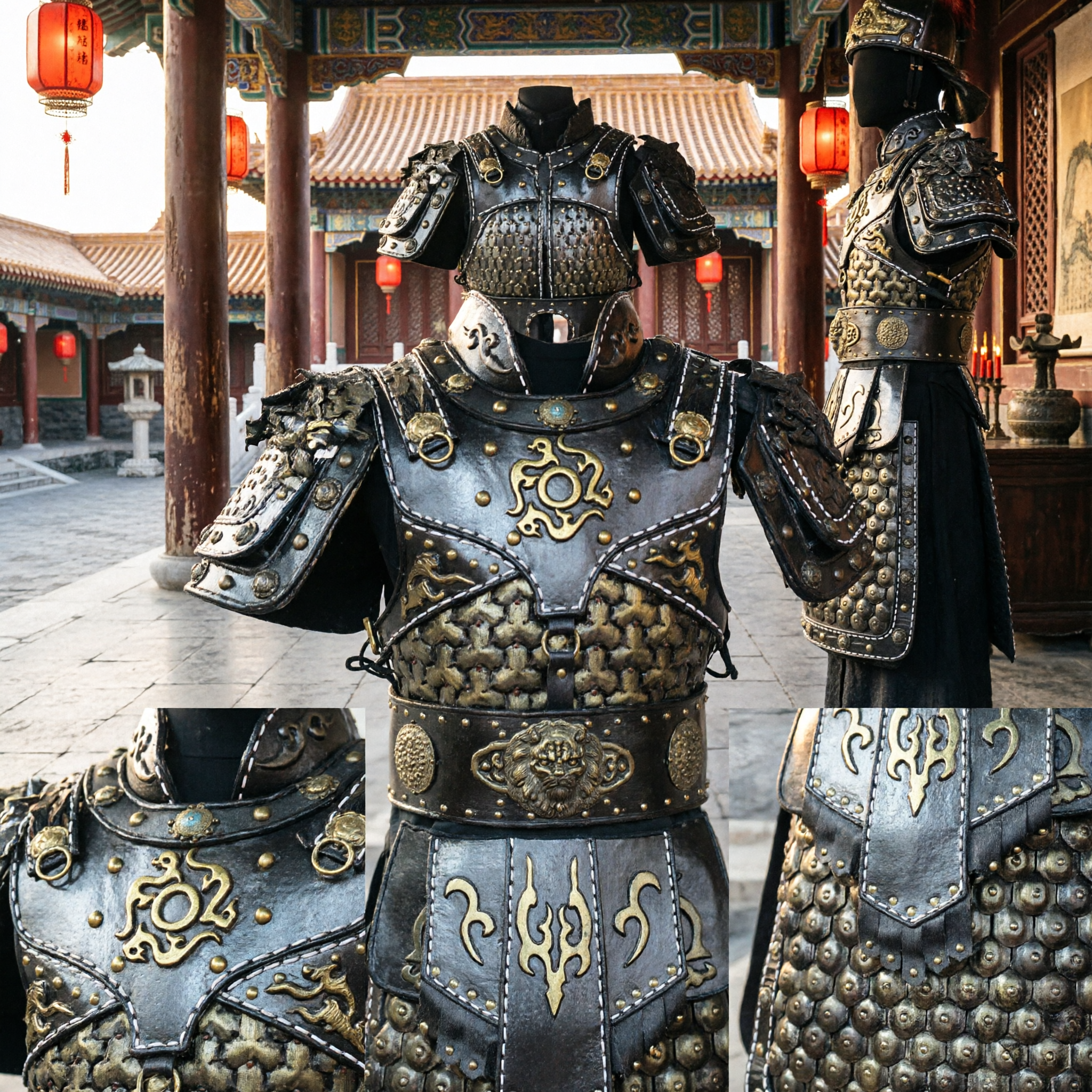 Antike chinesische Generalsrüstung, schwarz-goldene Schuppenpanzer-Cosplay-Kostüm für Männer, historische Nachstellung, Bühnenaufführung - Asian Costume