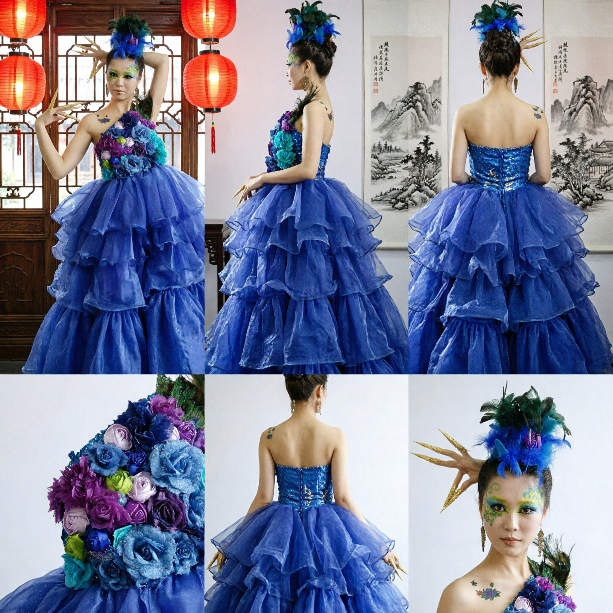 Vestido de Fantasía Azul con Flores de Estilo Vanguardista con Tocado de Plumas para Presentaciones en Escenario, Concursos de Belleza y Espectáculos Teatrales - Asian Costume