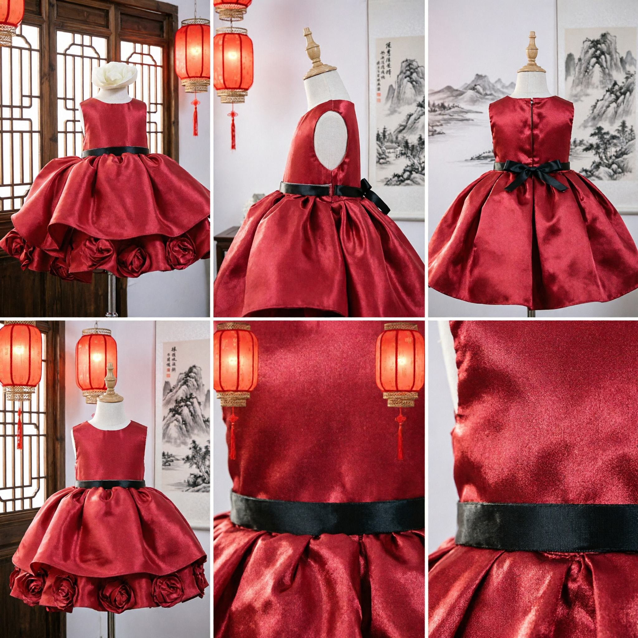 Elegantes rotes Satin-Blumenmädchenkleid für Kleinkinder mit Rosen-Saum für Hochzeitsfeiern - Asian Costume