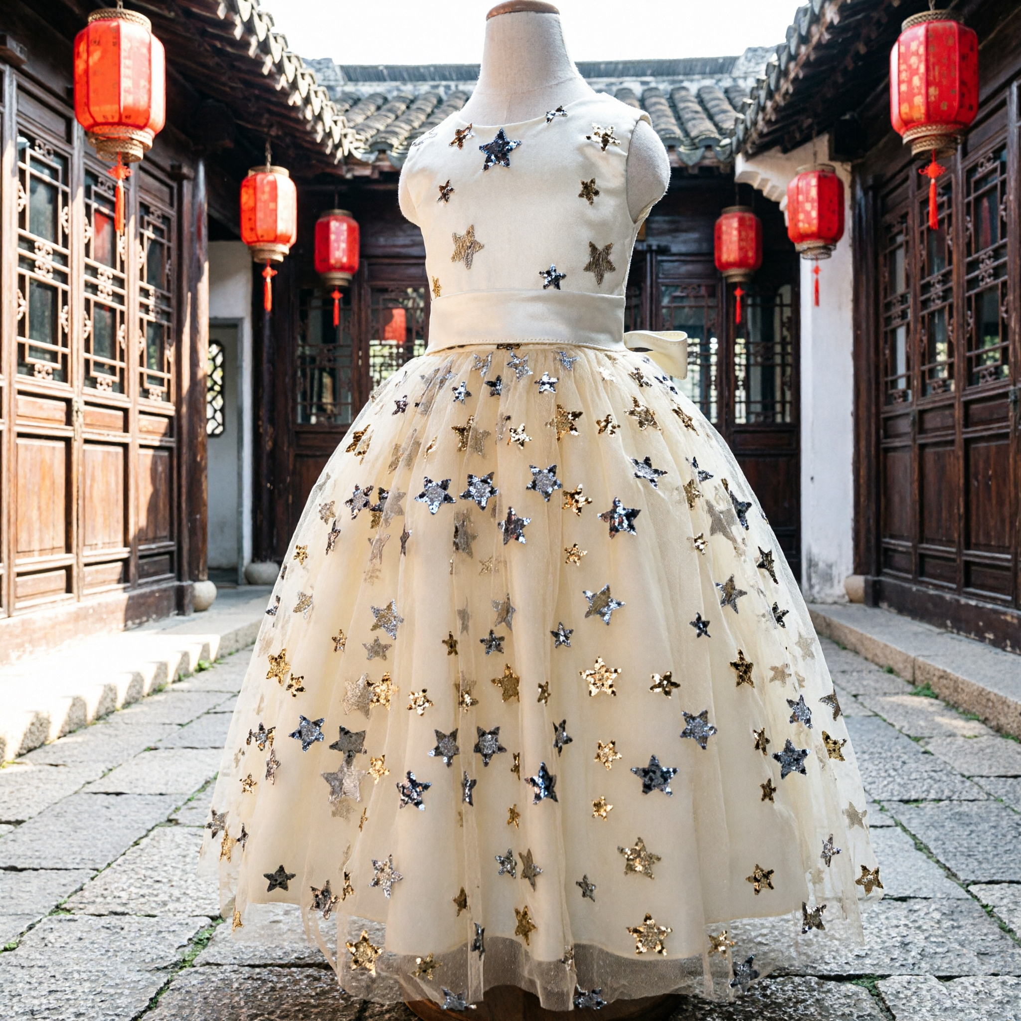 Abito da ballo da Principessa per bambine in tulle con paillettes a stelle, per damigella d'onore a matrimoni e feste - Asian Costume