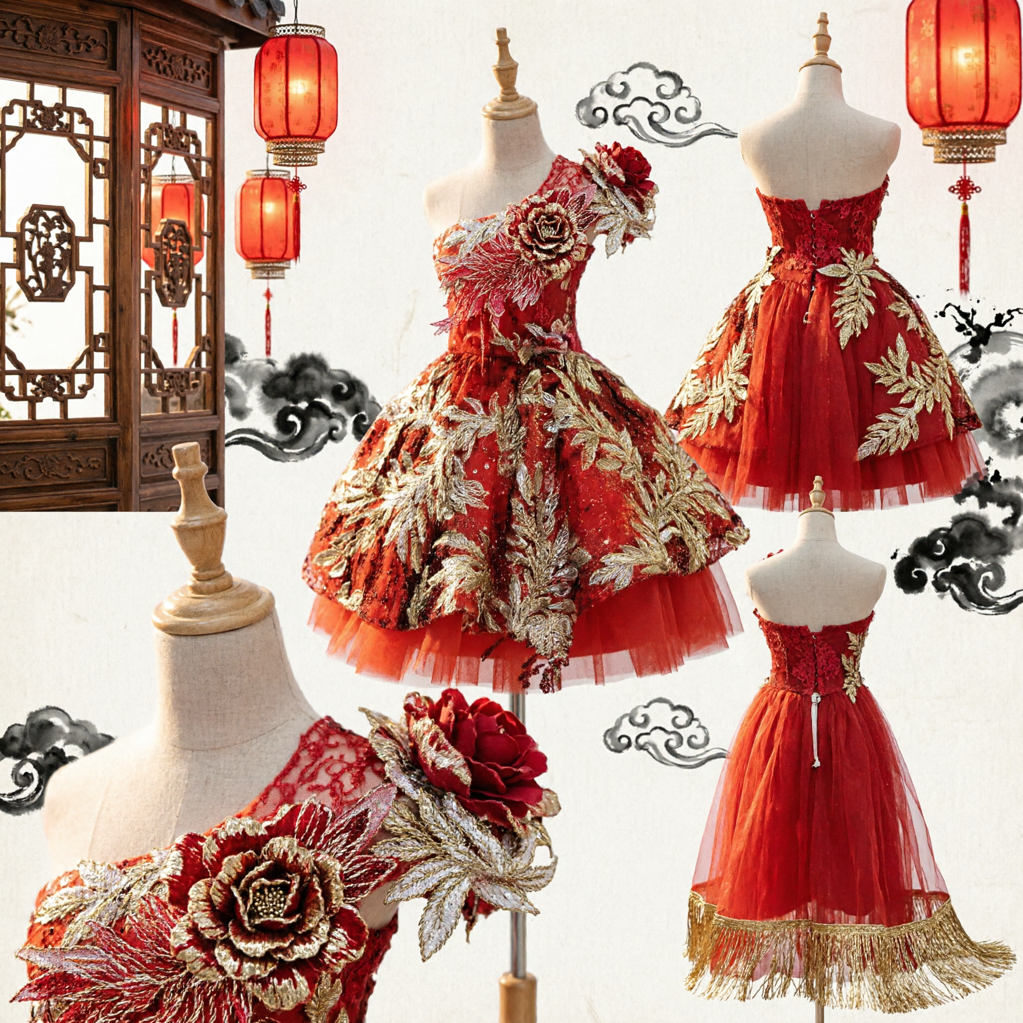 Robe courte moderne rouge à une épaule brodée dor, costume de danse traditionnelle chinoise pour performance féminine - Asian Costume