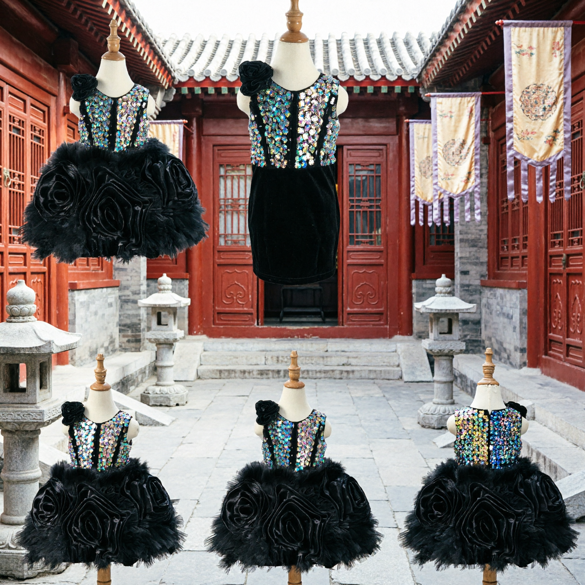 ブラッククリスタルシーキンフラワーガールドレス ノースリーページェントガウン フリルスカート付き キッズパフォーマンス用 - Asian Costume