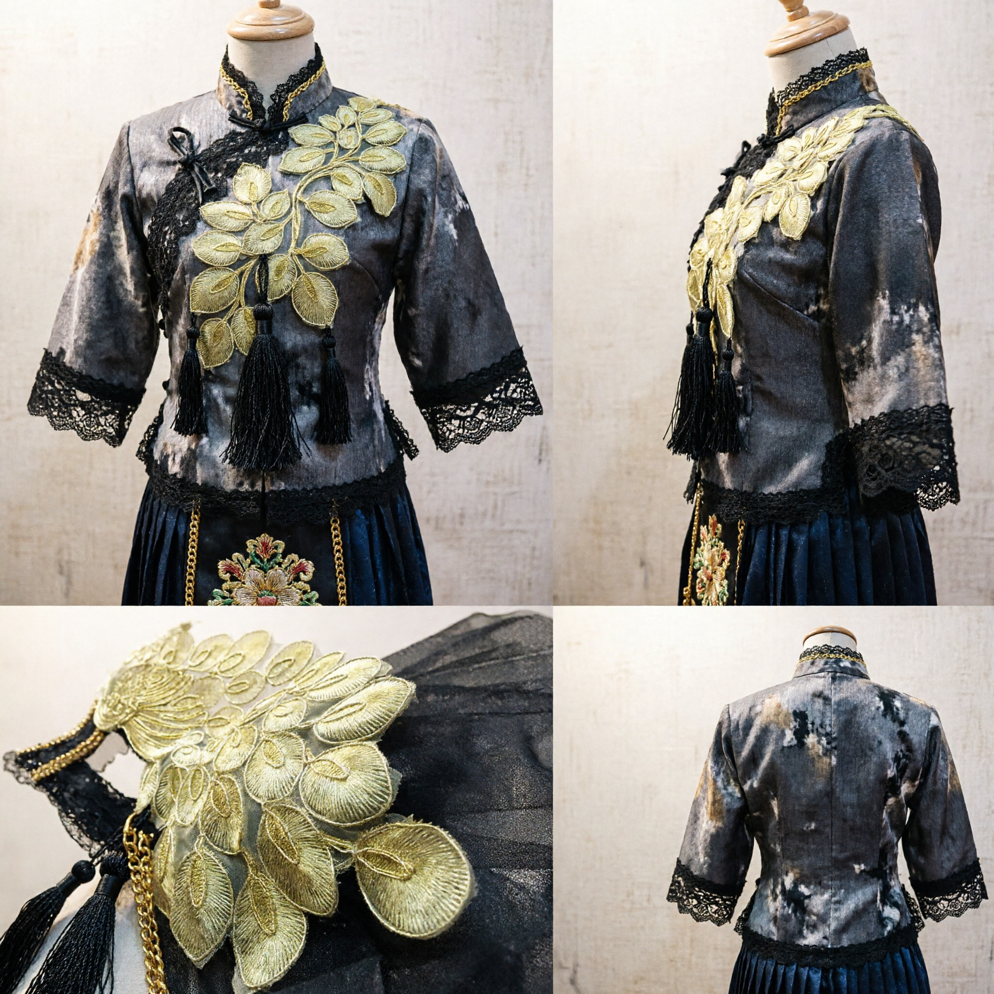 精巧な中国伝統的な金色鳳凰刺繍ヘアアクセサリーファシネーター 漢服結婚式用 - Asian Costume