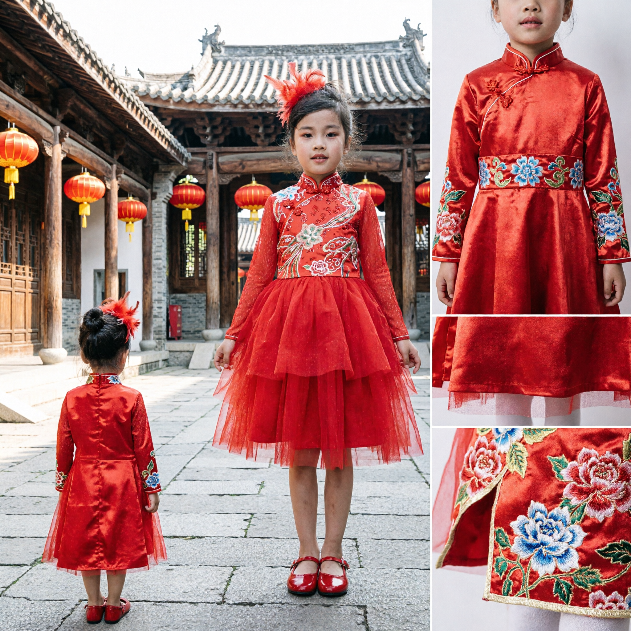 Abito in Tulle e Paillettes Rosso Maniche Lunghe per Bambine per Performance sul Palco e Spettacoli di Danza - Asian Costume