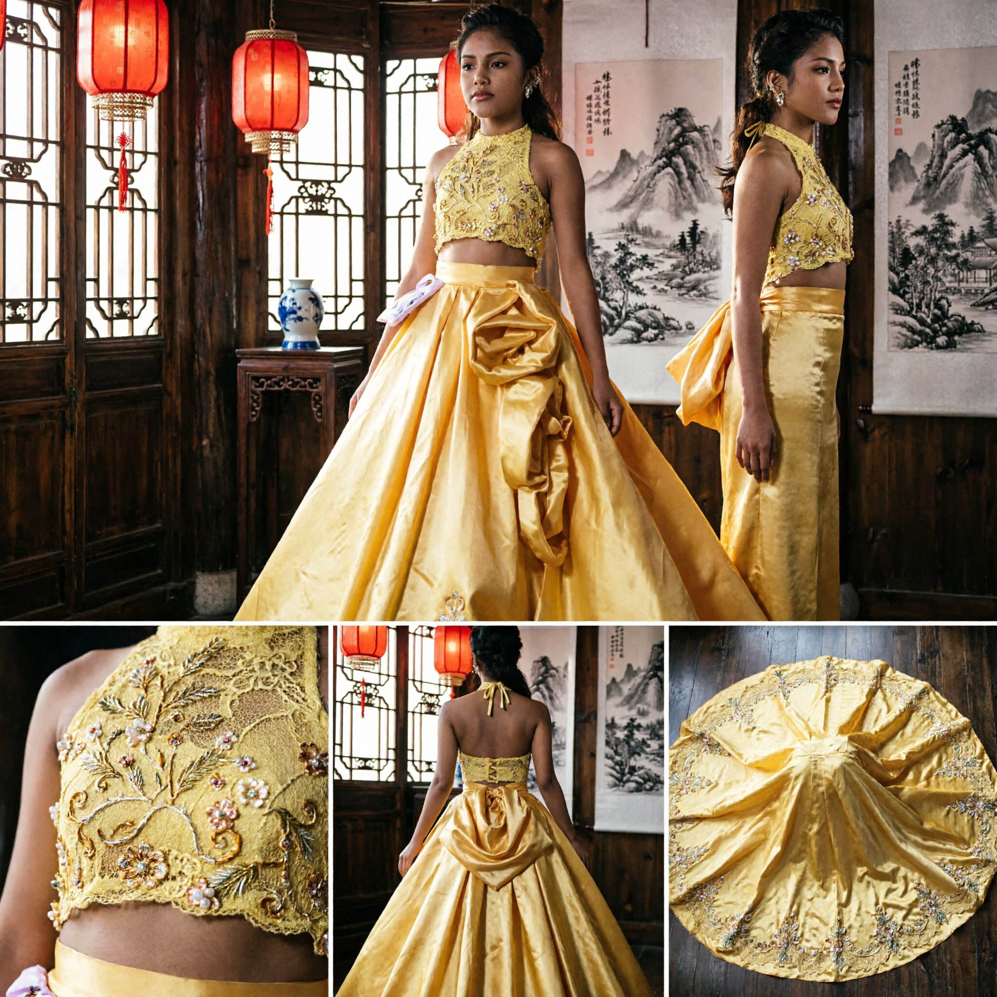 Robe de soirée jaune vif en deux pièces avec haut décolleté à paillettes et jupe de bal volumineuse en satin pour concours - Asian Costume