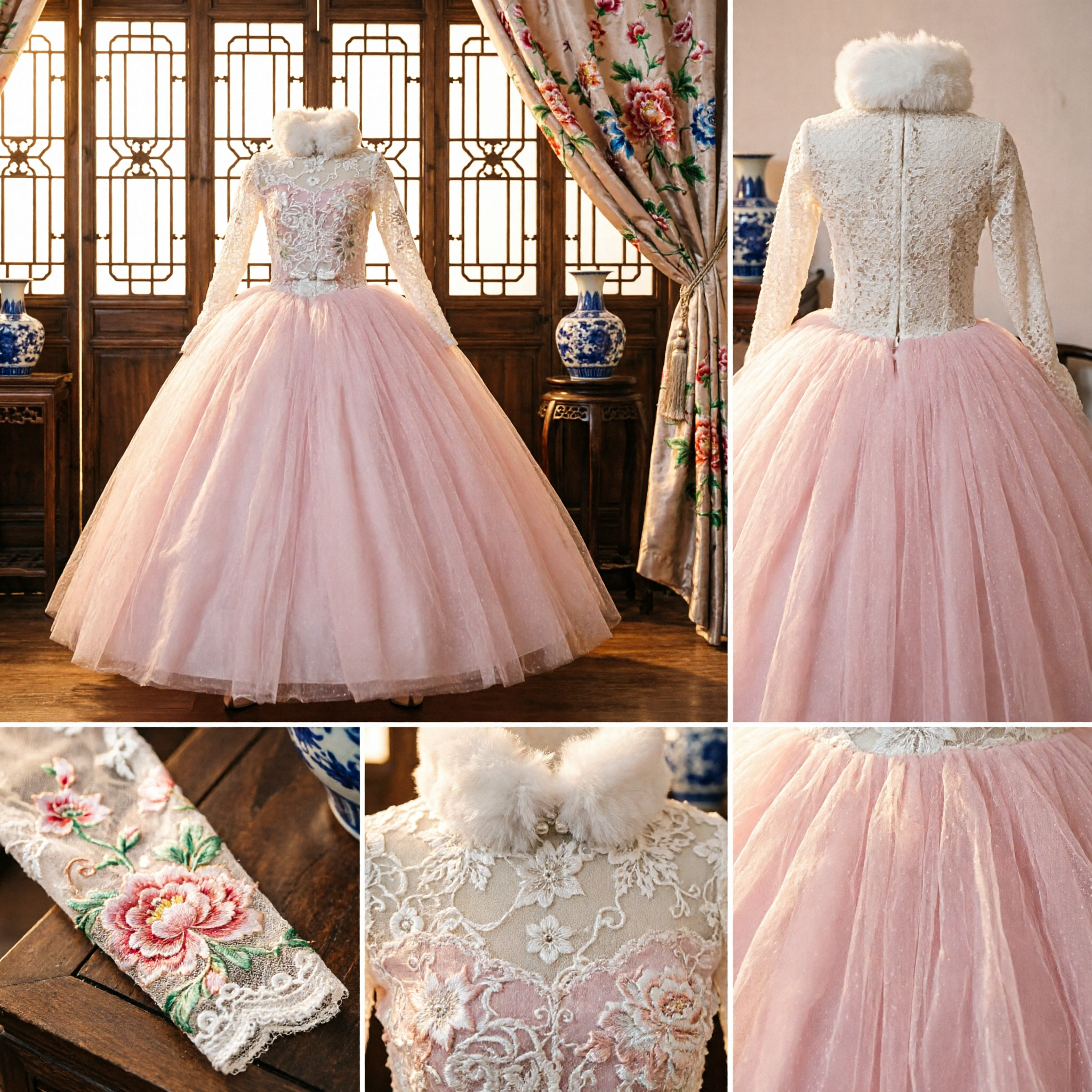 Elegant Pink Ballgown with Lace Bodice and Fur Collar Princess Dress for Quinceanera Prom Wedding - Asian Costume