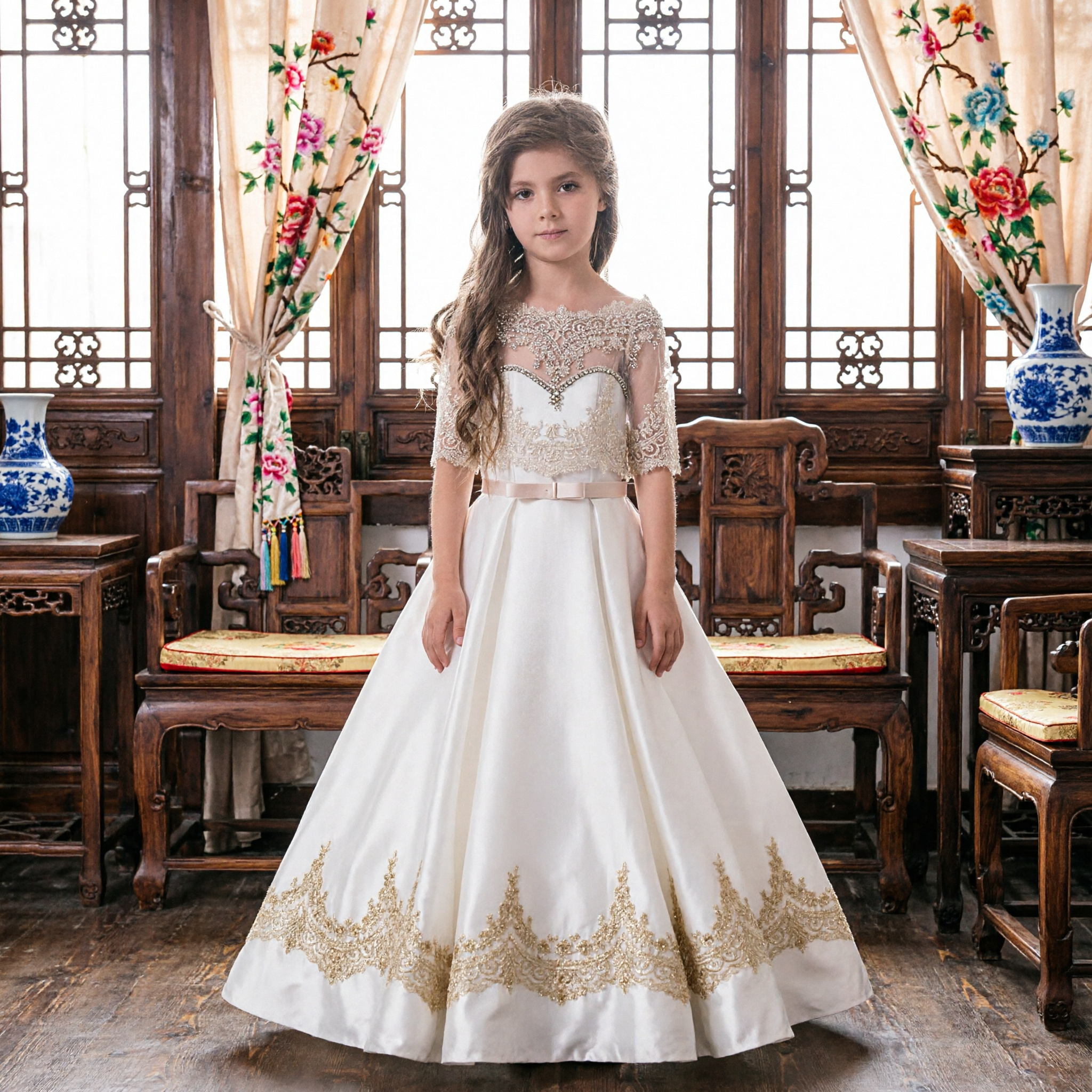 エレガントなアイボリーレースフラワーガールドレス 半袖 ウェディング・初聖体拝領・ページェントガウン用 - Asian Costume