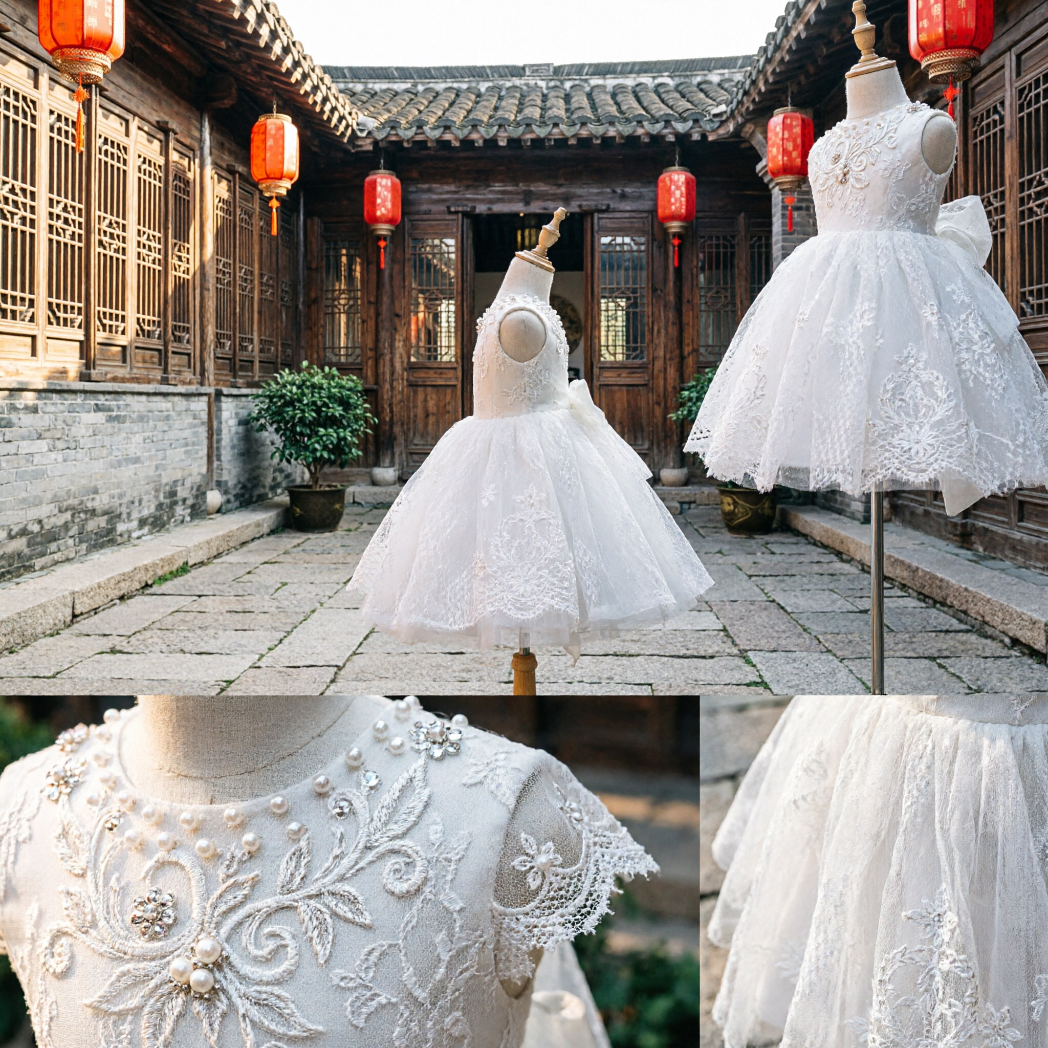 Elegante Abito da Damigella Bianco in Pizzo, Abito da Prima Comunione per Bambine Piccole per Feste Nuziali - Asian Costume