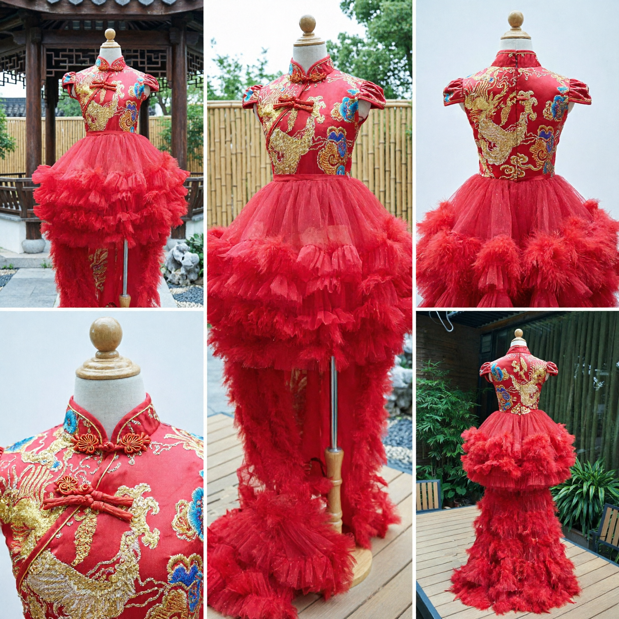 Traditional Chinese Red Qipao Wedding Dress with Gold Embroidery and Layered Ruffle Skirt Train - Asian Costume
