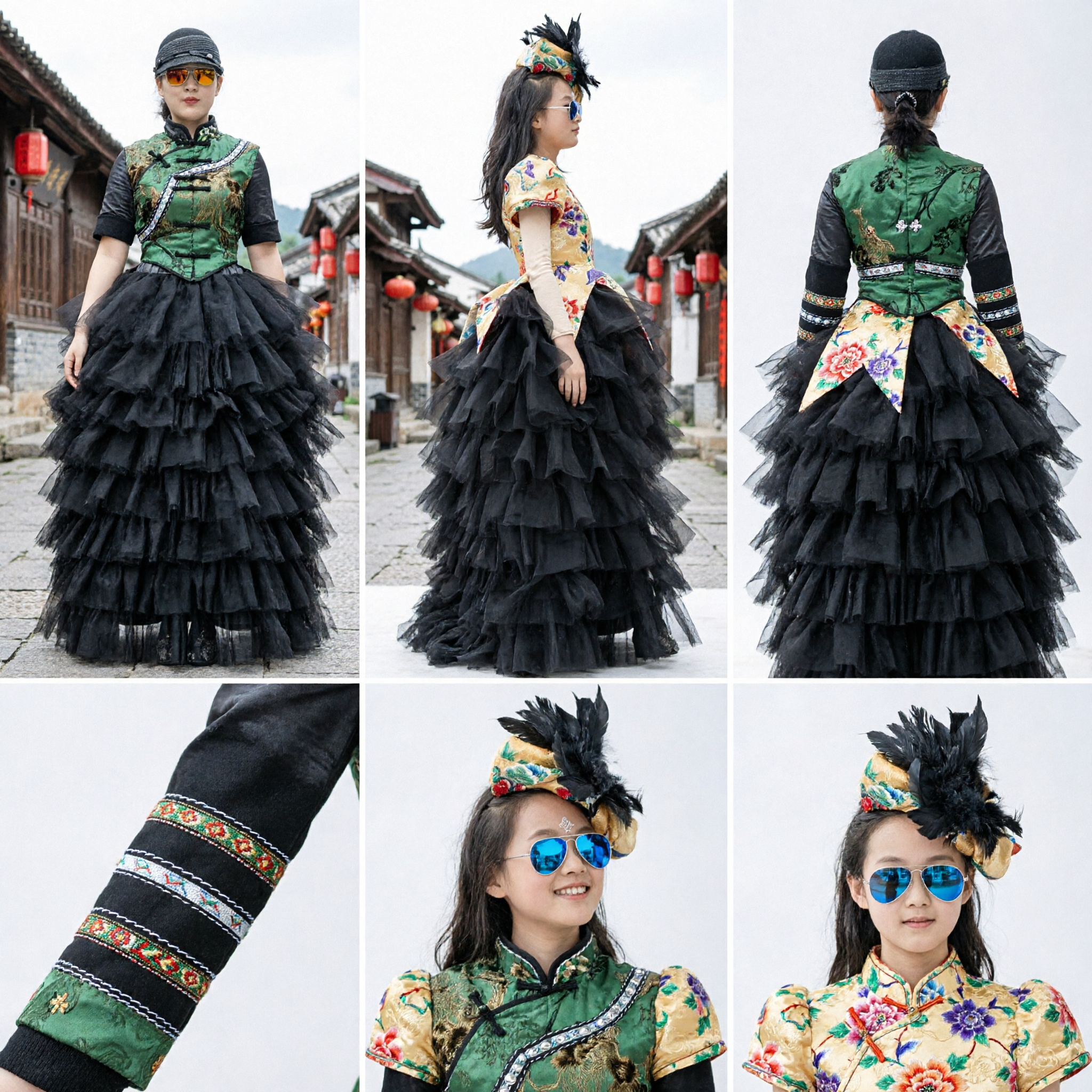 Haut Cheongsam chinois moderne avec jupe volumineuse en tulle noir, tenue de performance assortie mère et fille - Asian Costume