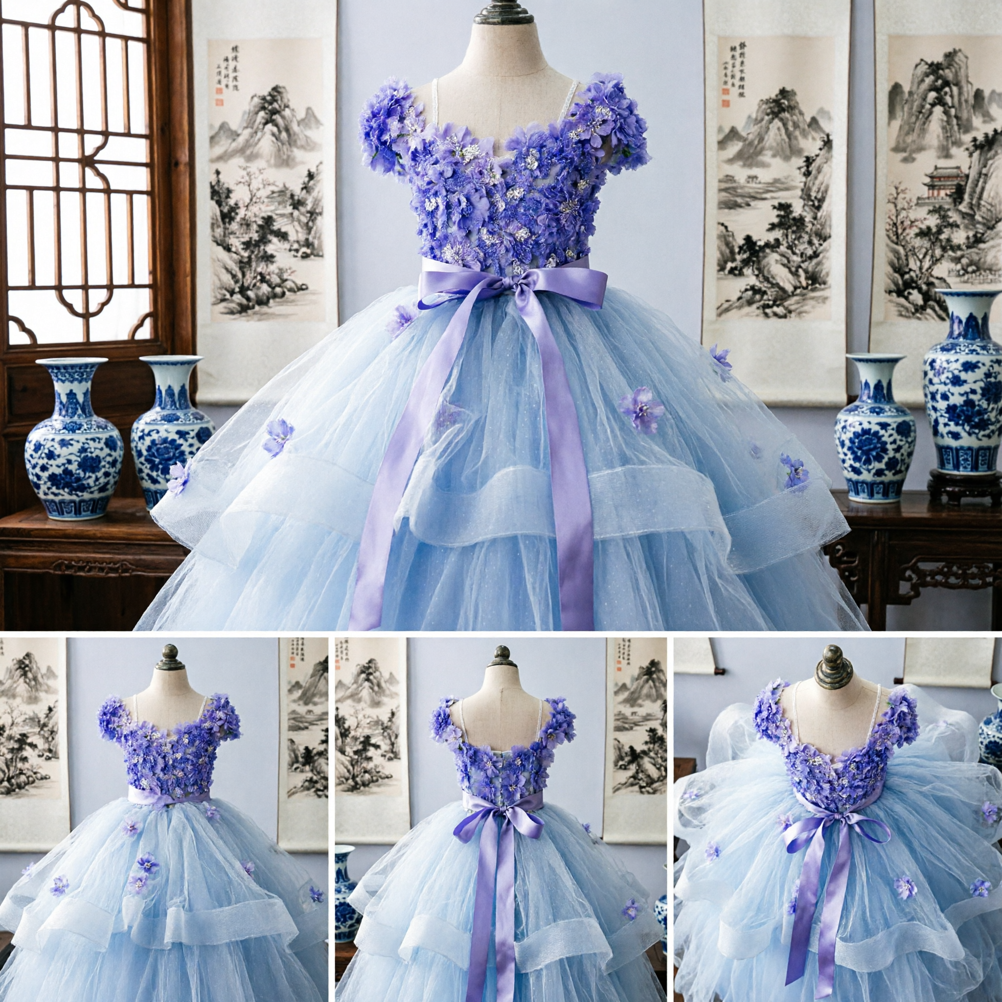 Abito da Damigella Viola con Applicazioni Floreali 3D e Gonna a Pallone in Tulle per Matrimoni, Concorsi e Feste - Asian Costume