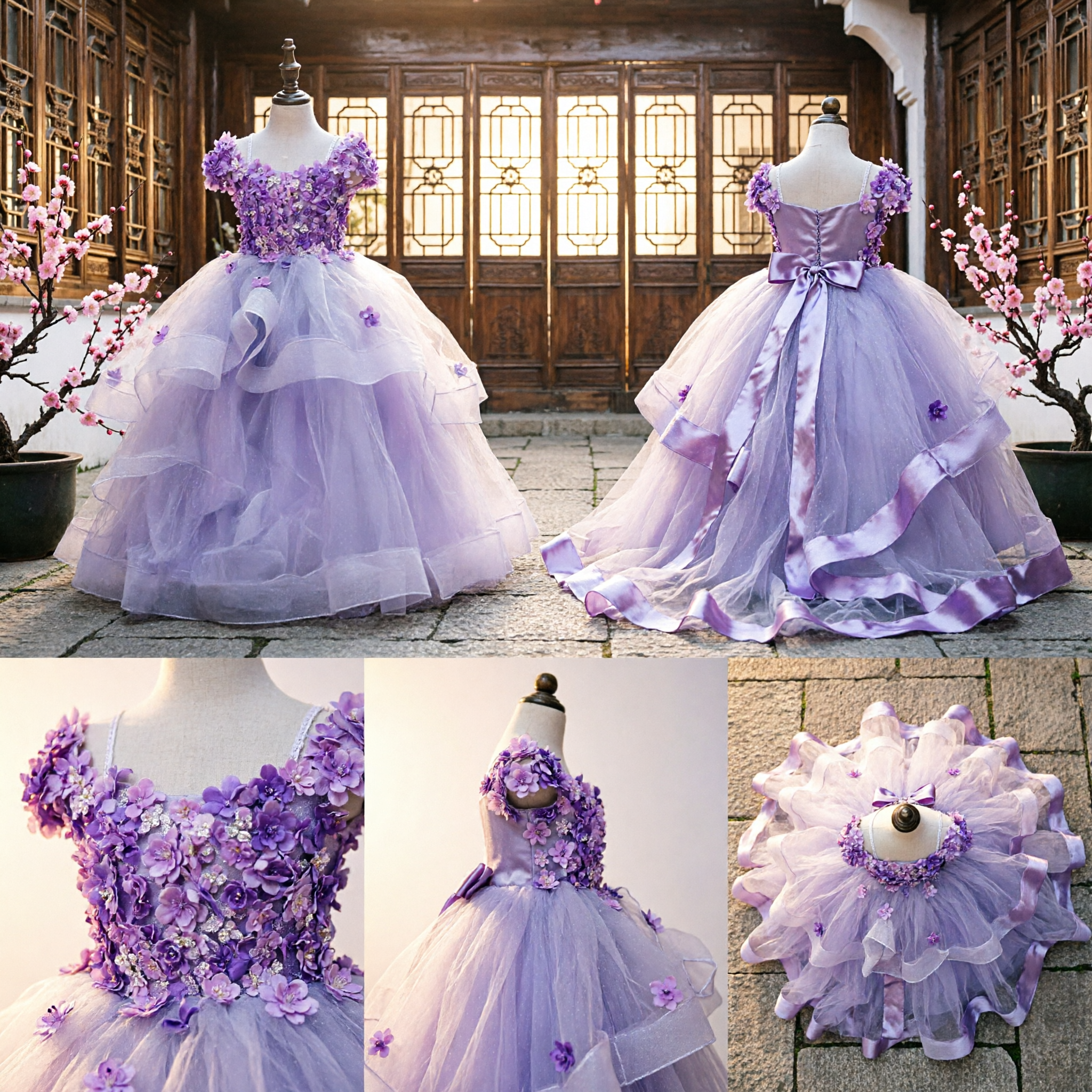 Abito da Damigella Viola con Spalle Scoperte e Applicazioni Floreali 3D, Abito a Pallone in Tulle Bianco per Bambine per Matrimoni e Concorsi - Asian Costume