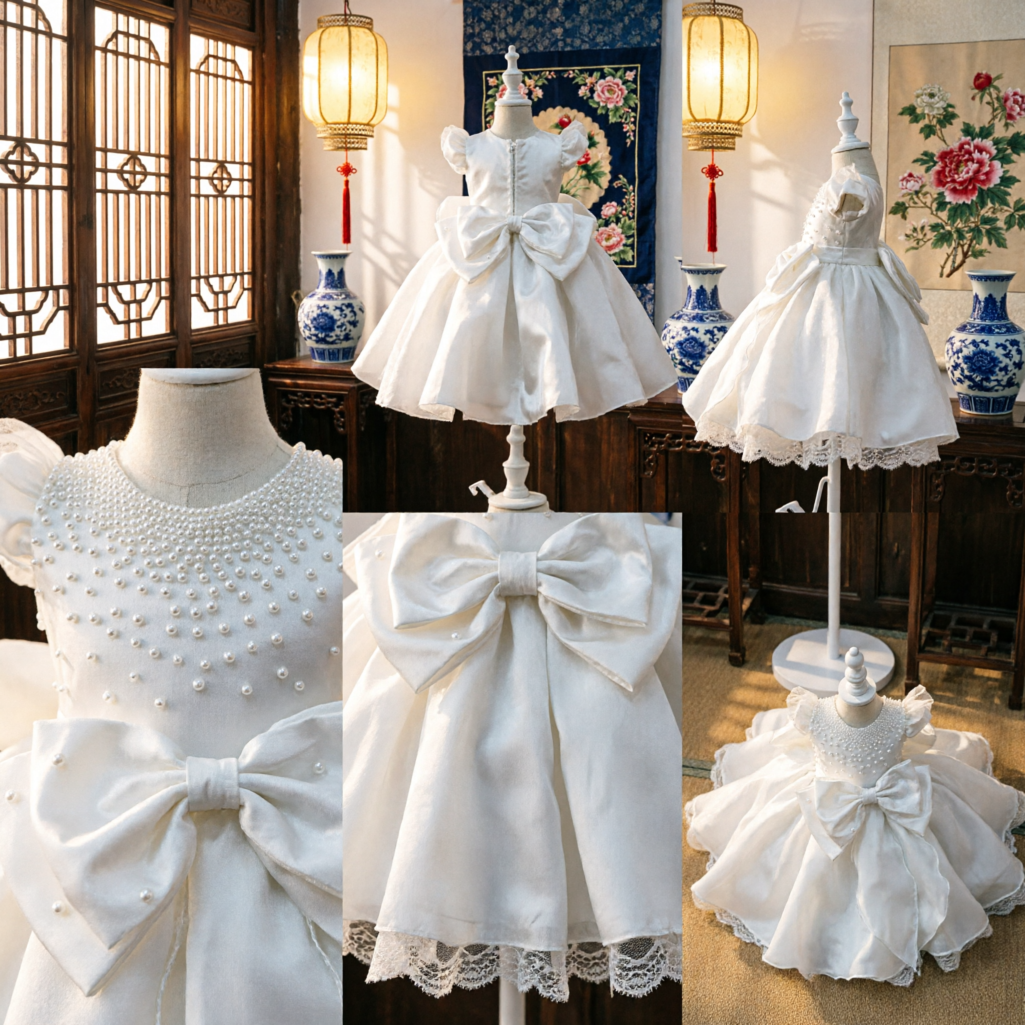 Vestido Elegante para Bebé con Corpiño de Perlas Blanco y Falda de Tul con Volantes, Traje de Princesa para Boda y Niña de las Flores - Asian Costume