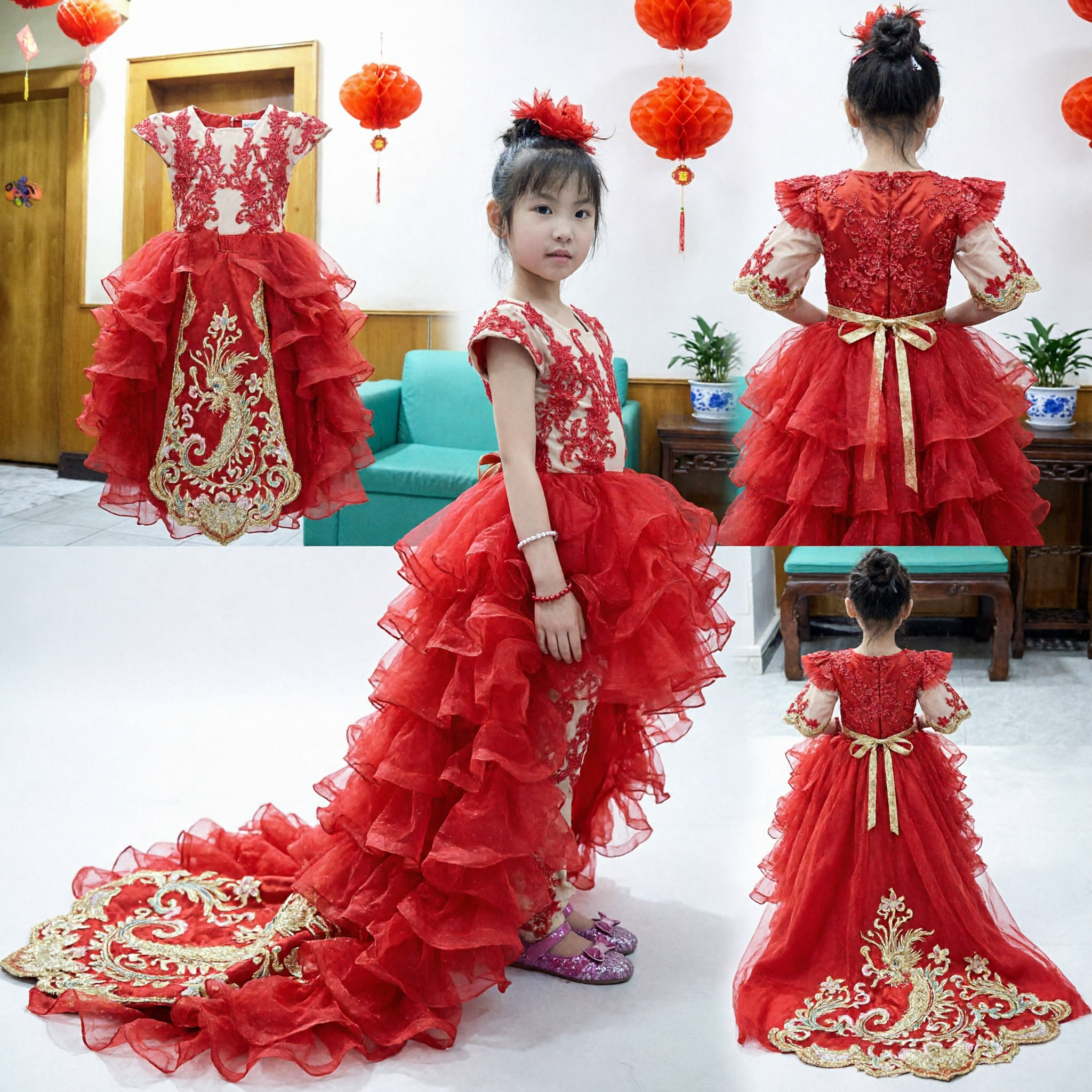 Girls Red Lace Floral Embroidery Tulle Princess Dress Traditional Chinese New Year Wedding Host Costume - Asian Costume