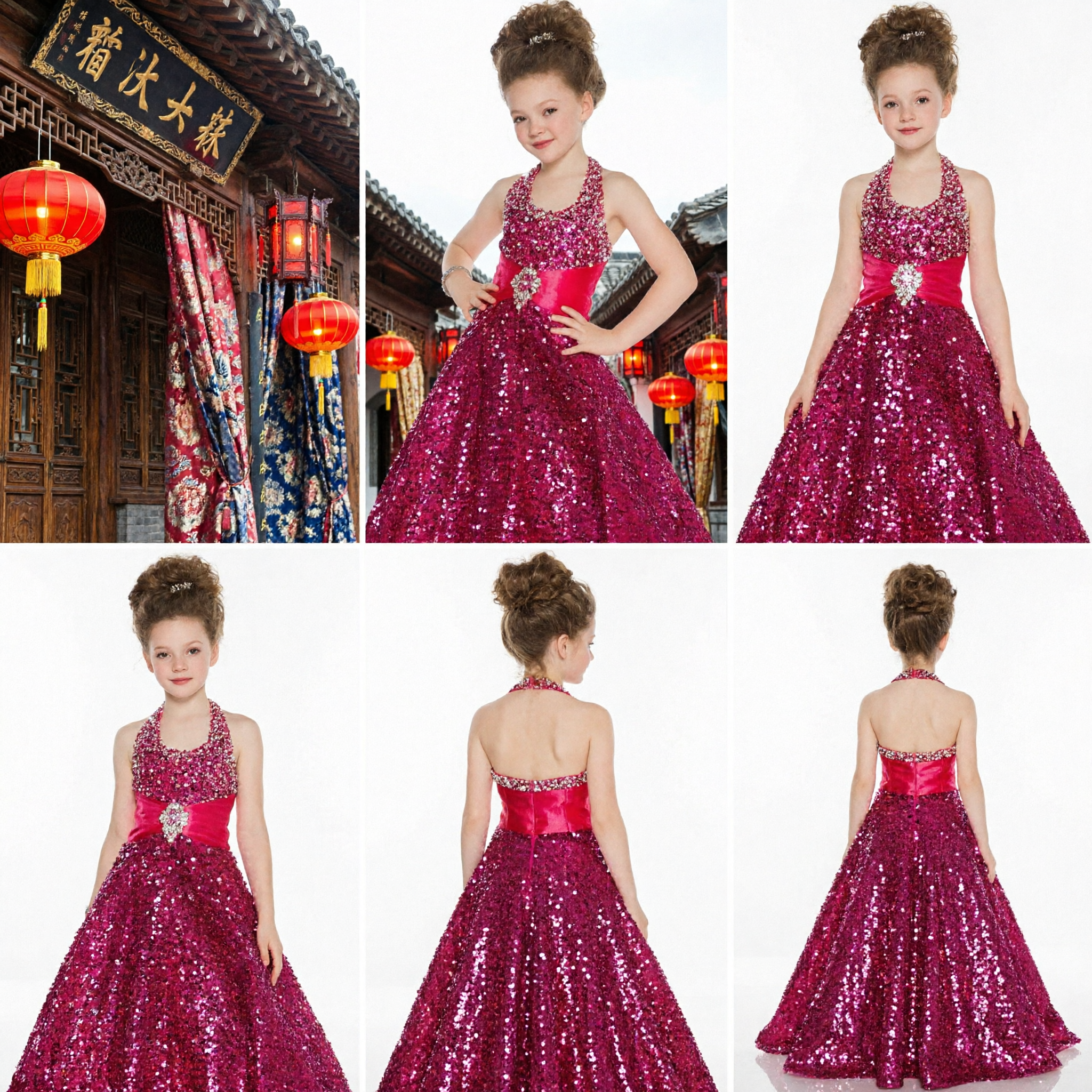 Abito da Ballo Sfarzoso con Paillettes Magenta e Collo a Trapezio per Ragazze, per Sfilate, Balli e Matrimoni - Asian Costume