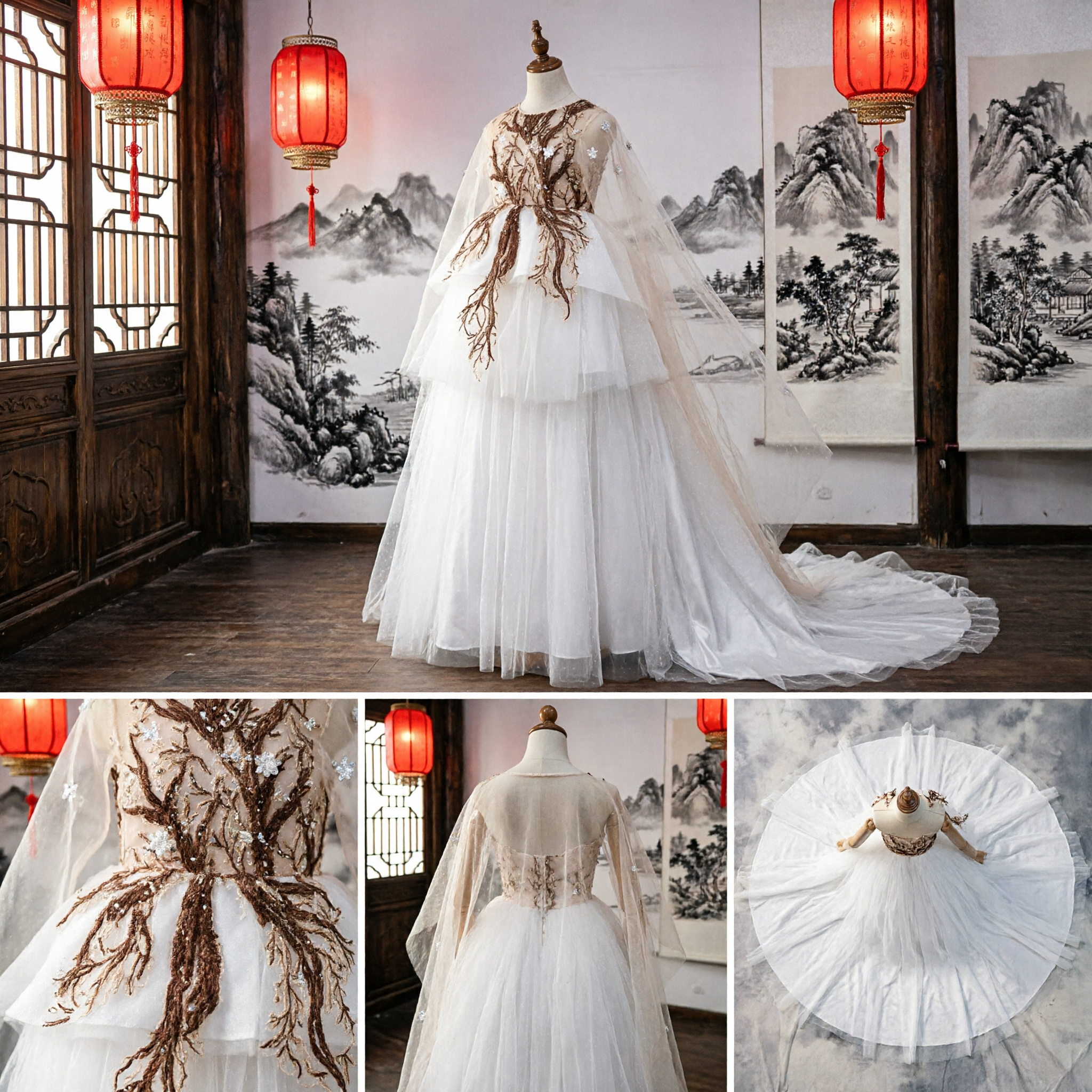 Robe de mariée blanche fantaisie 'Arbre de Vie' avec broderie de branches et superposition de tulle, pour performance de mariée sur scène - Asian Costume