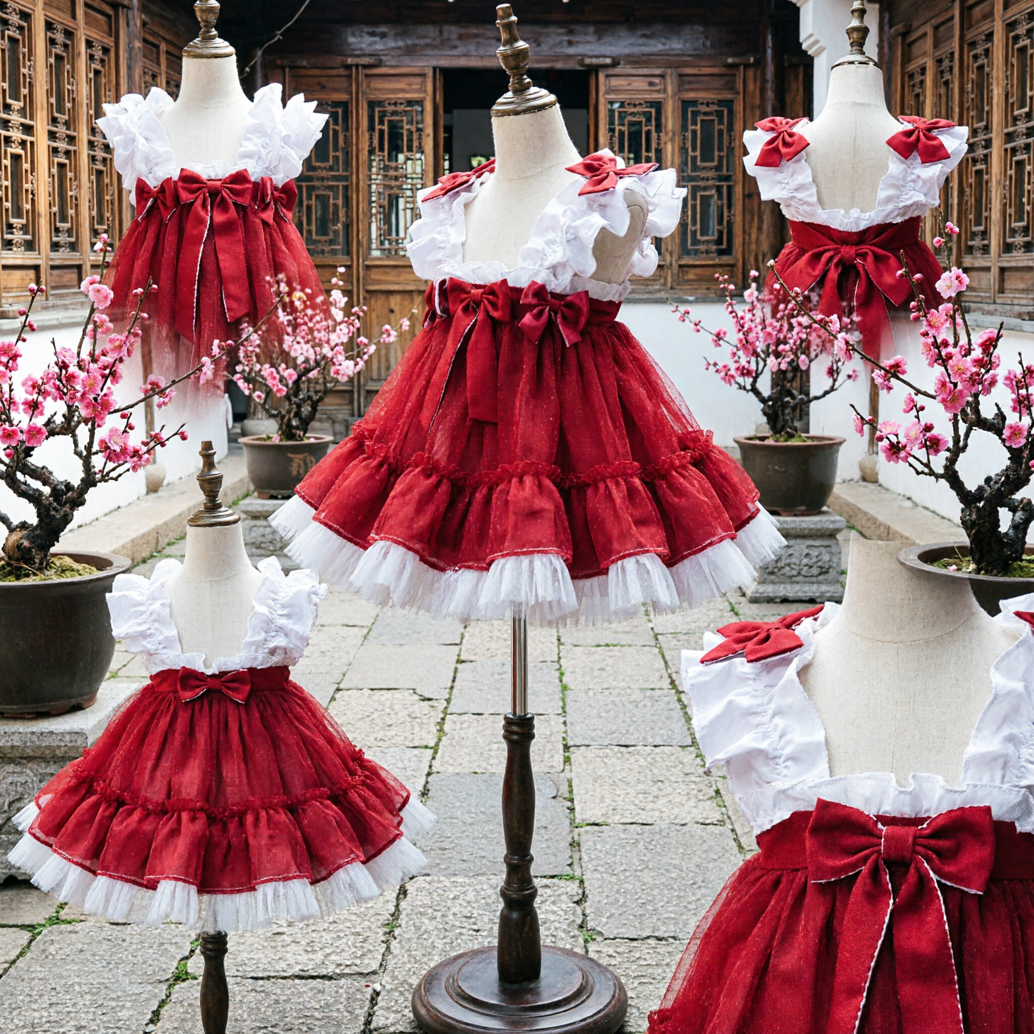 Girls Red and White Ruffled Dance Dress Spanish Style Traditional Performance Costume for Little Kids - Asian Costume