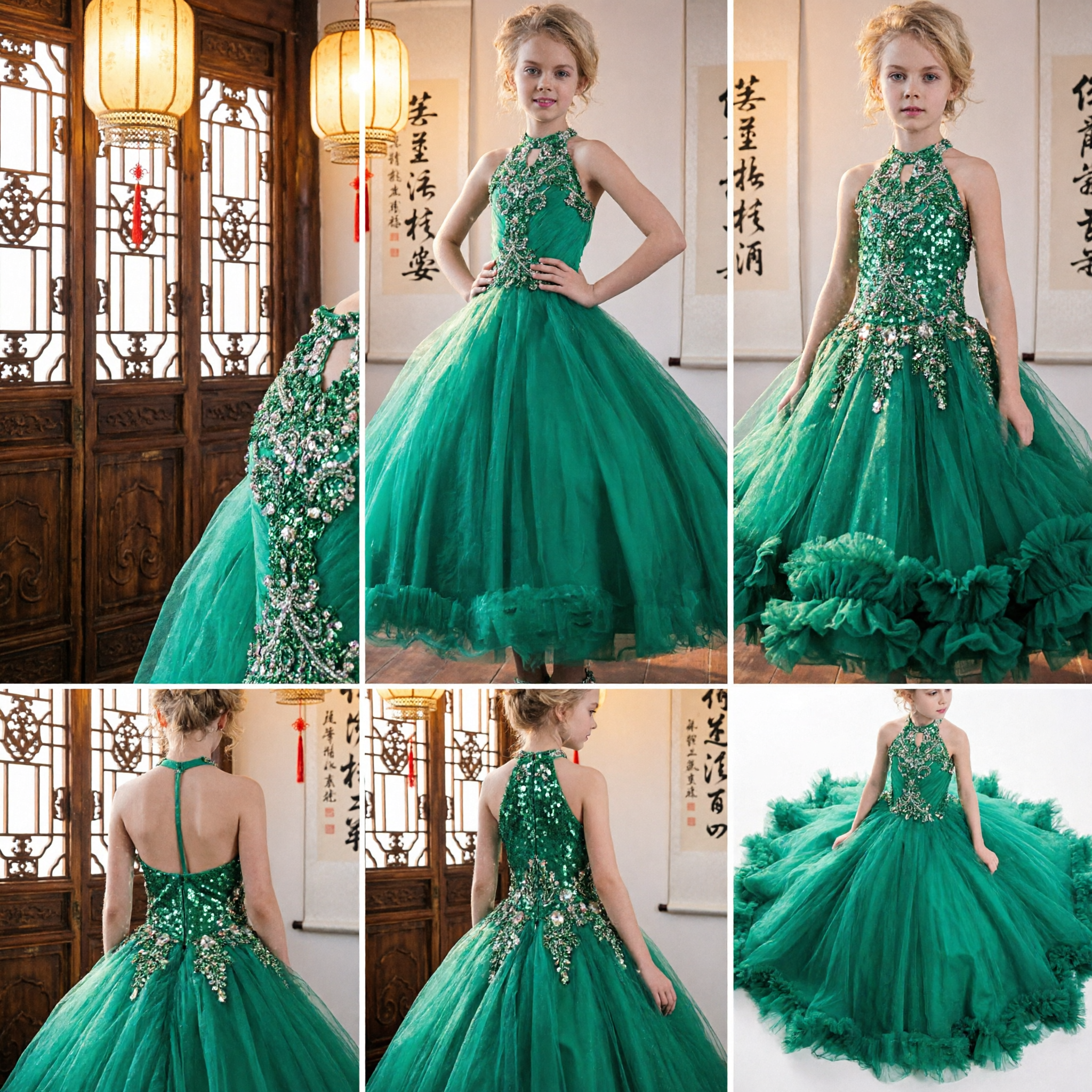 Vestido de Gala de Cuello Halter Verde Esmeralda para Niñas, con Corpiño con Abalorios y Falda de Tul para Boda o Concurso Formal - Asian Costume