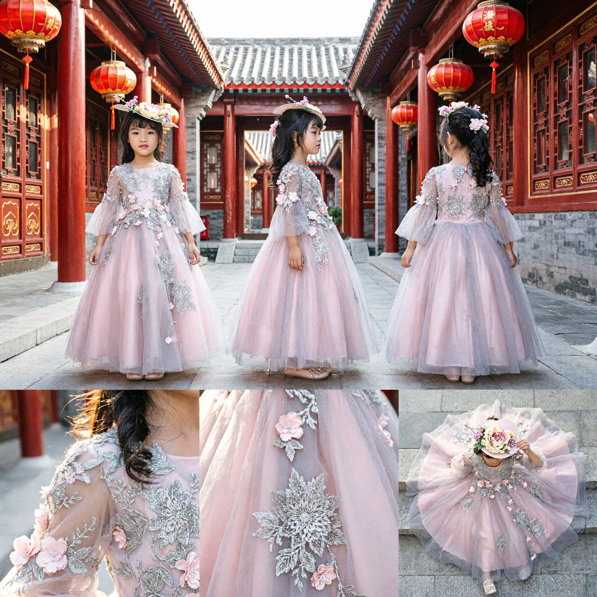 Abito da Ballo Principessa in Tulle Rosa con Ricamo Floreale 3D per Ragazze, per Matrimoni, Sfilate e Feste - Asian Costume