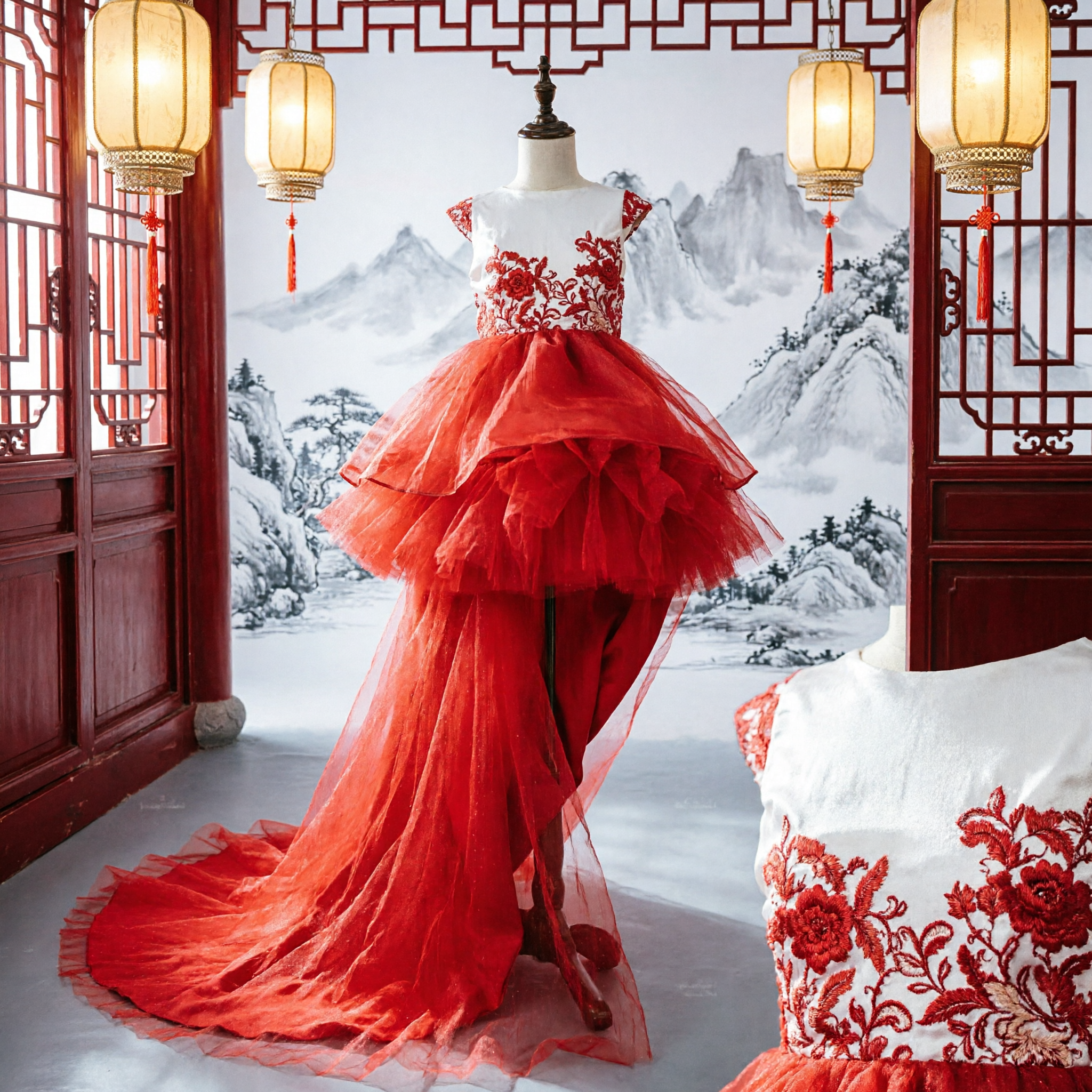 아동 소녀용 레드 앤 화이트 플로럴 레이스 웨딩 플라워걸 드레스 (공주 튤 가운, 무대 공연용) - Asian Costume