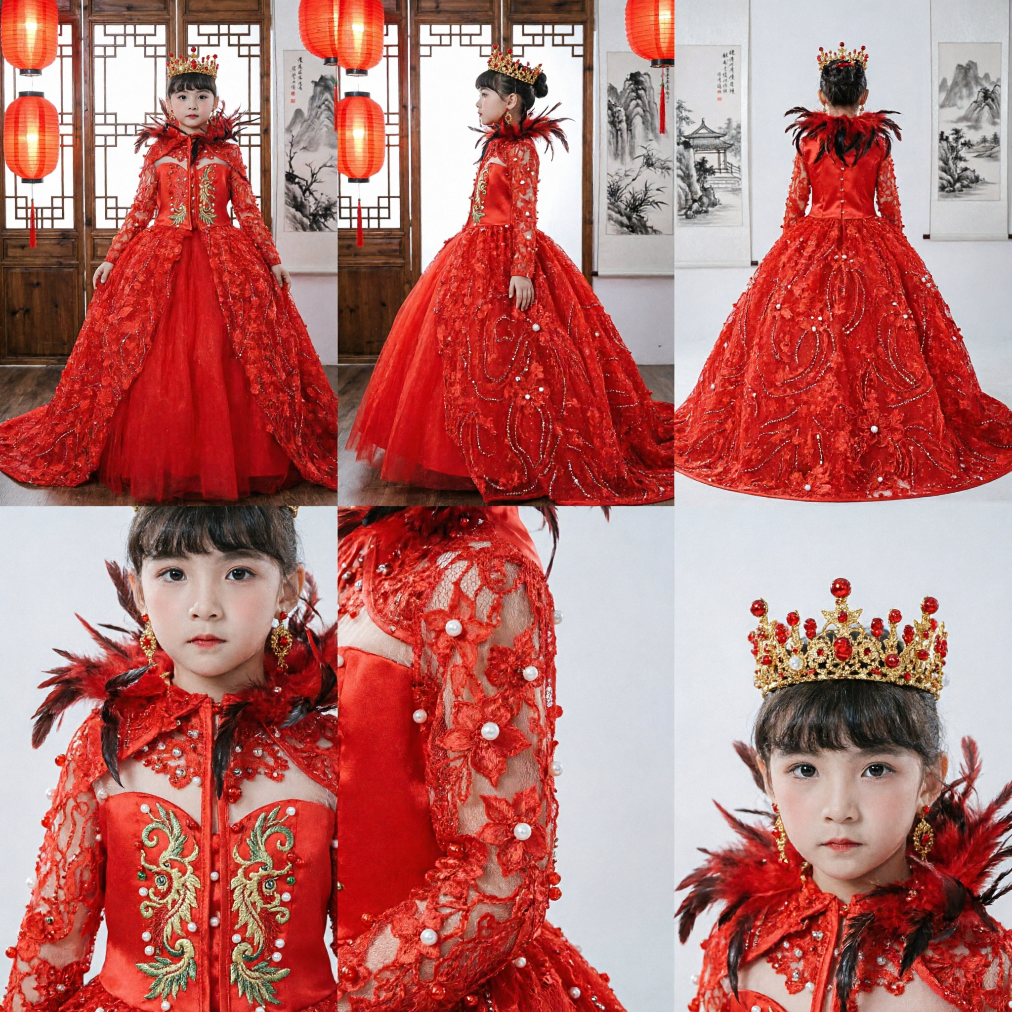 Elegante Vestido de Gala Rojo con Mangas Largas para Niñas, con Plumas y Cola, para Niña de las Flores o Concurso - Asian Costume