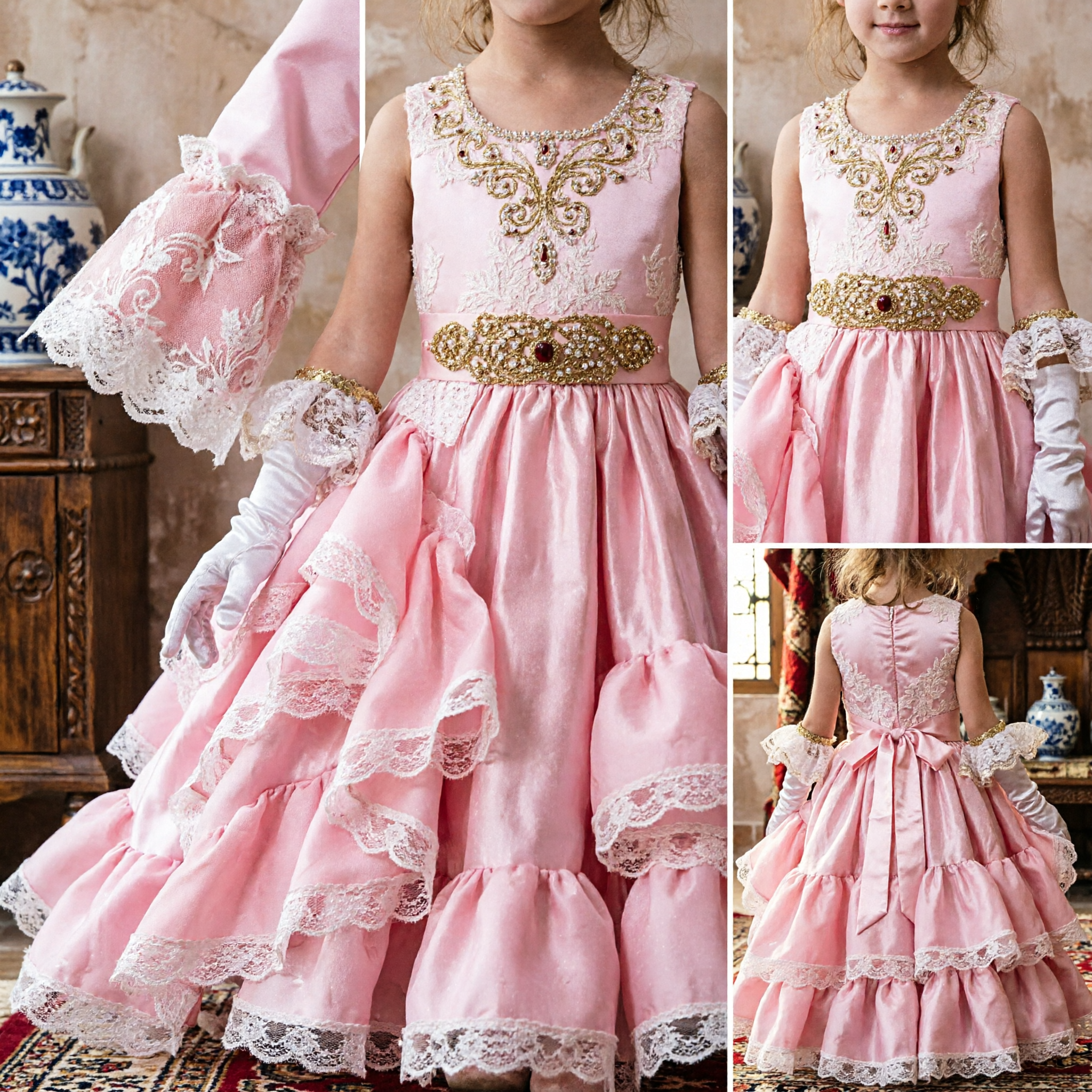 Elegante Roze Prinses Baljurk voor Meisjes Kinderformele Bruiloftsfeestjurk met Kant en Roffels - Asian Costume