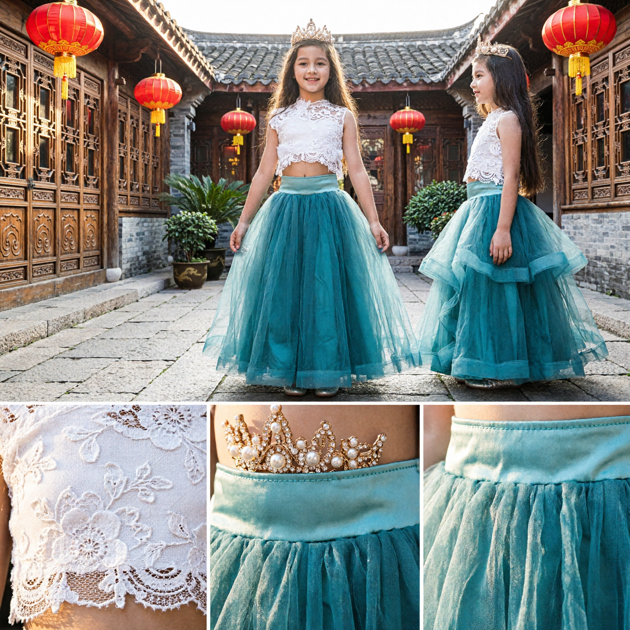 Conjunto de Dos Piezas para Niñas, Top de Encaje Azul y Falda Larga de Tul para Concurso o Damita de Honor - Asian Costume