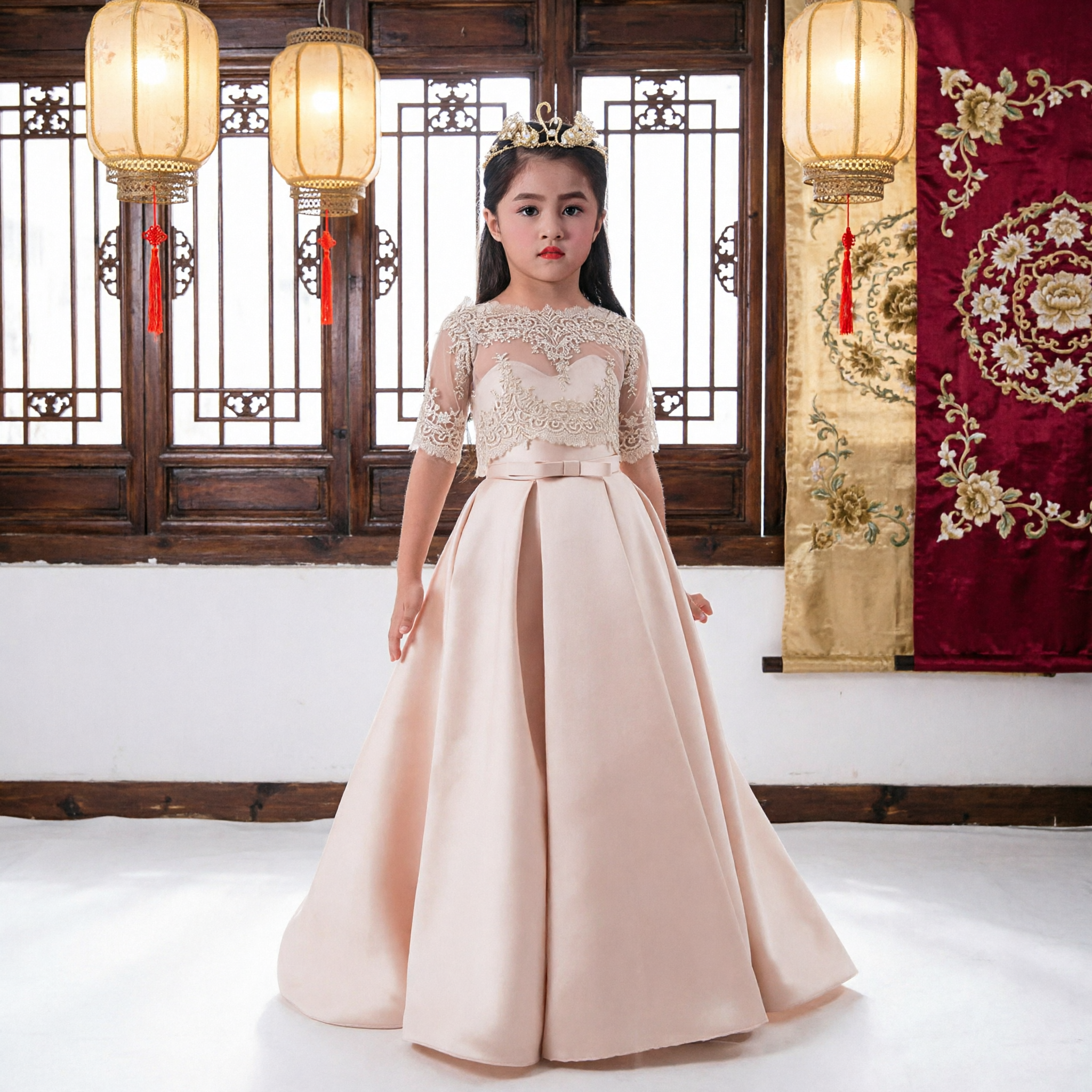 Элегантное платье цветочницы пыльно-розового цвета, длинное атласное платье с кружевным лифом для детской свадьбы и конкурсов - Asian Costume