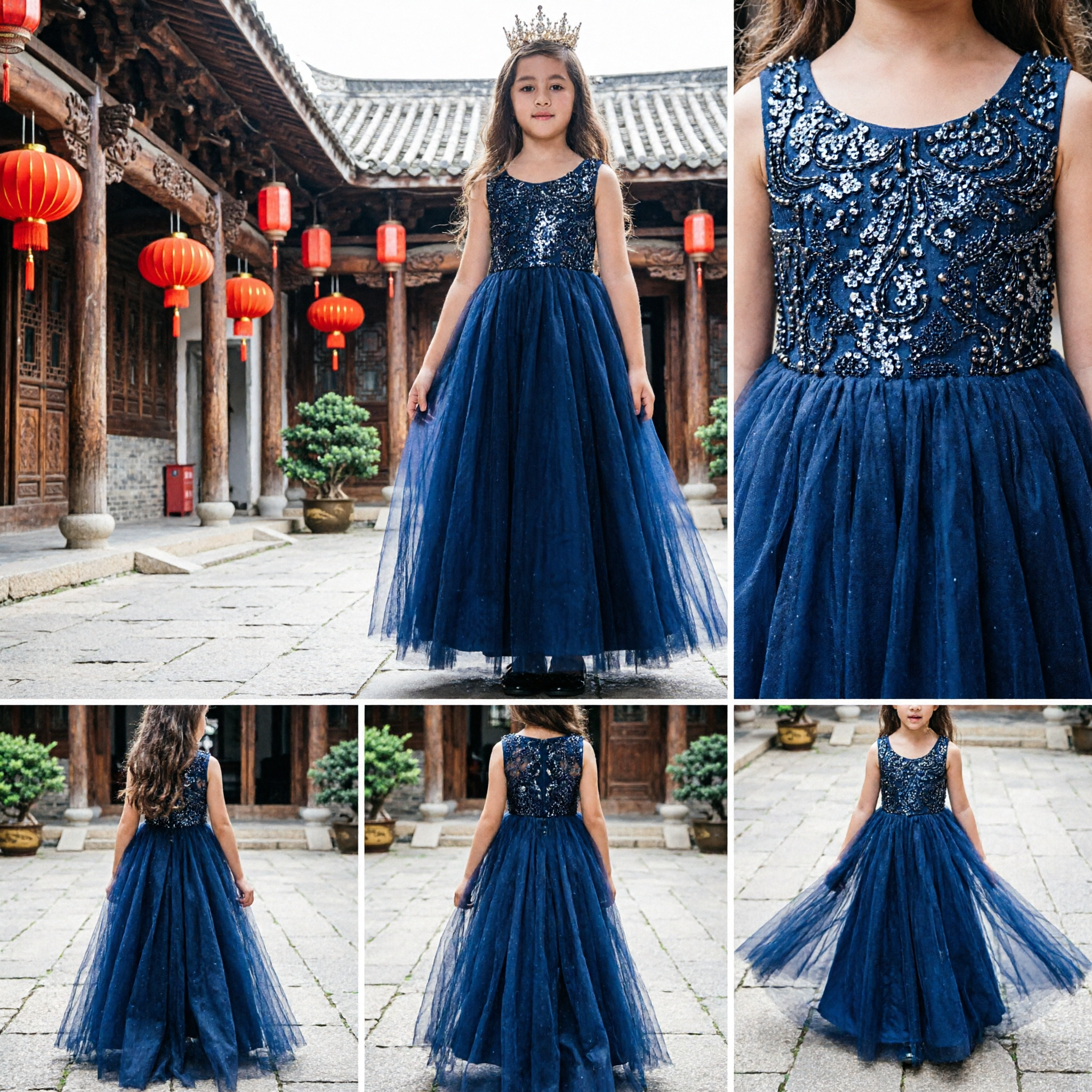 Abito Formale Elegante Blu Marino per Ragazze, Senza Maniche con Corpetto Paillettes e Gonna in Tulle Lunga per Matrimonio o Festa - Asian Costume