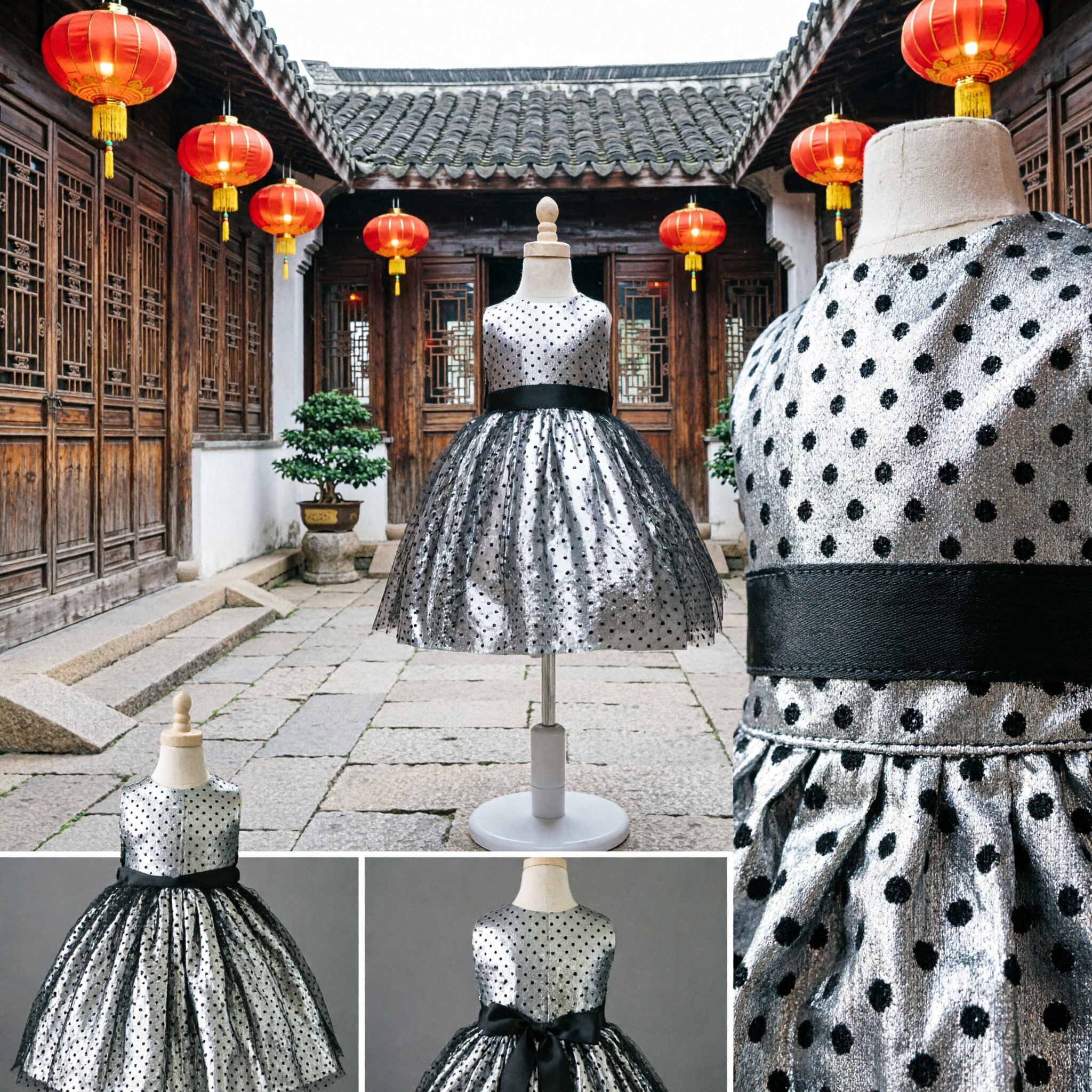 Silbernes Pailletten-Punkte-Tüll-Tutu-Kleid für Mädchen, Bühnenauftritts-Tanzparty-Kostümkleid - Asian Costume