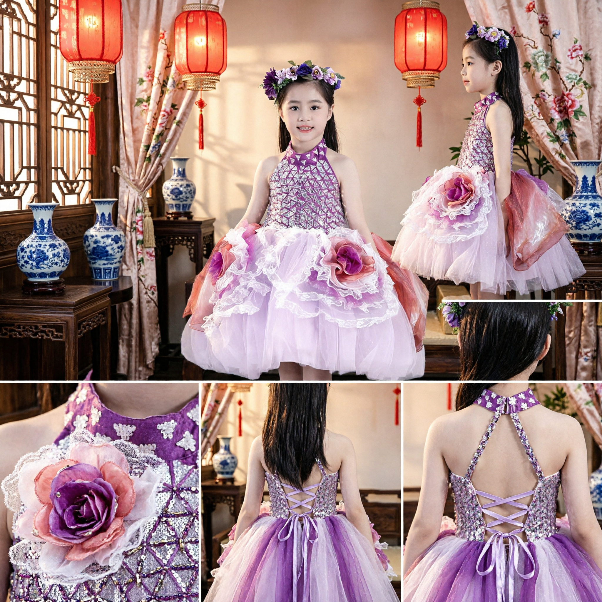 Vestido de Escenario Púrpura con Pétalos de Flor para Niñas, Corpiño Geométrico de Tirantes y Falda de Tul con Volantes para Coro y Baile - Asian Costume
