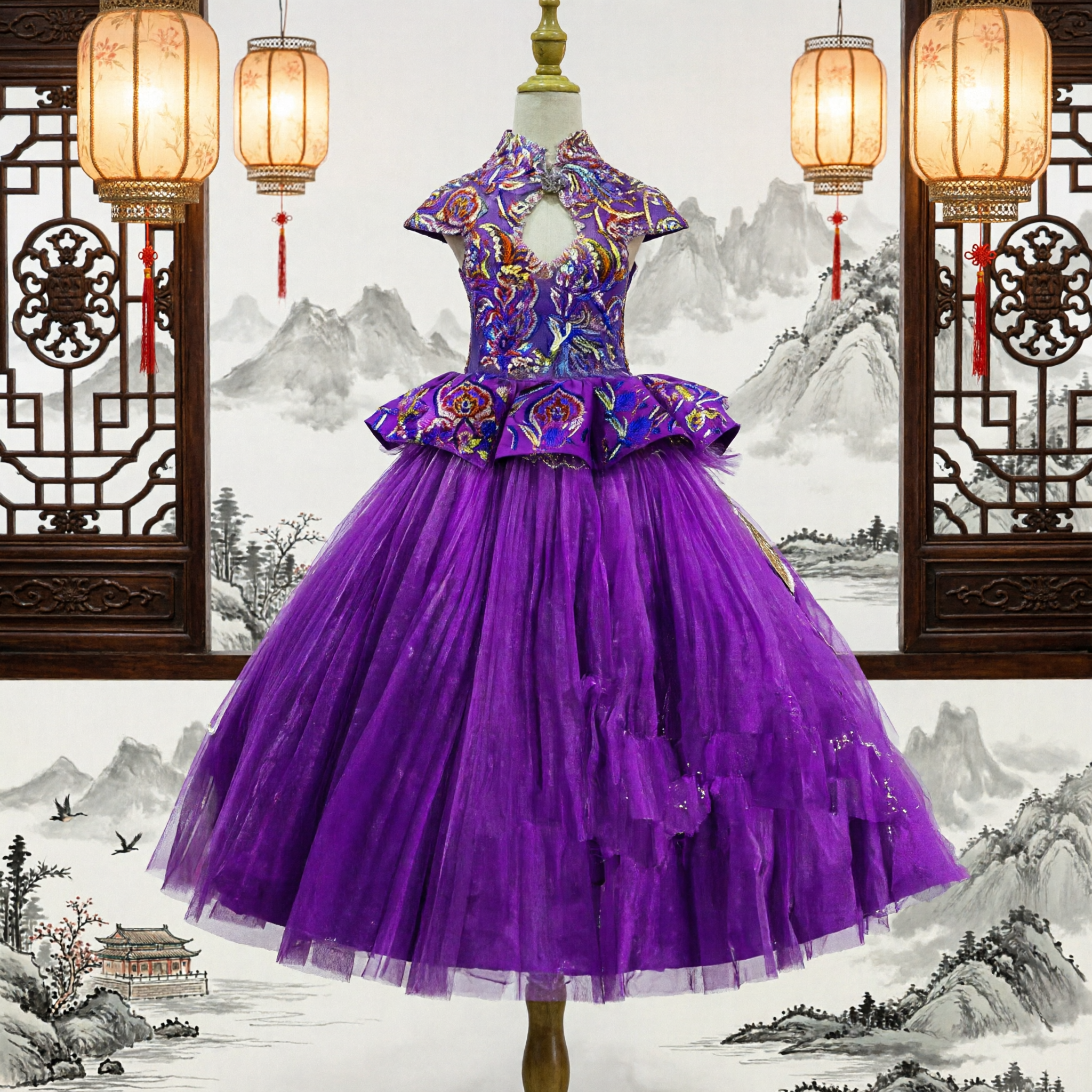 Robe de style chinois violette pour filles Cheongsam Bustier brodé floral Robe de bal en tulle pour performance de mariage et fête - Asian Costume