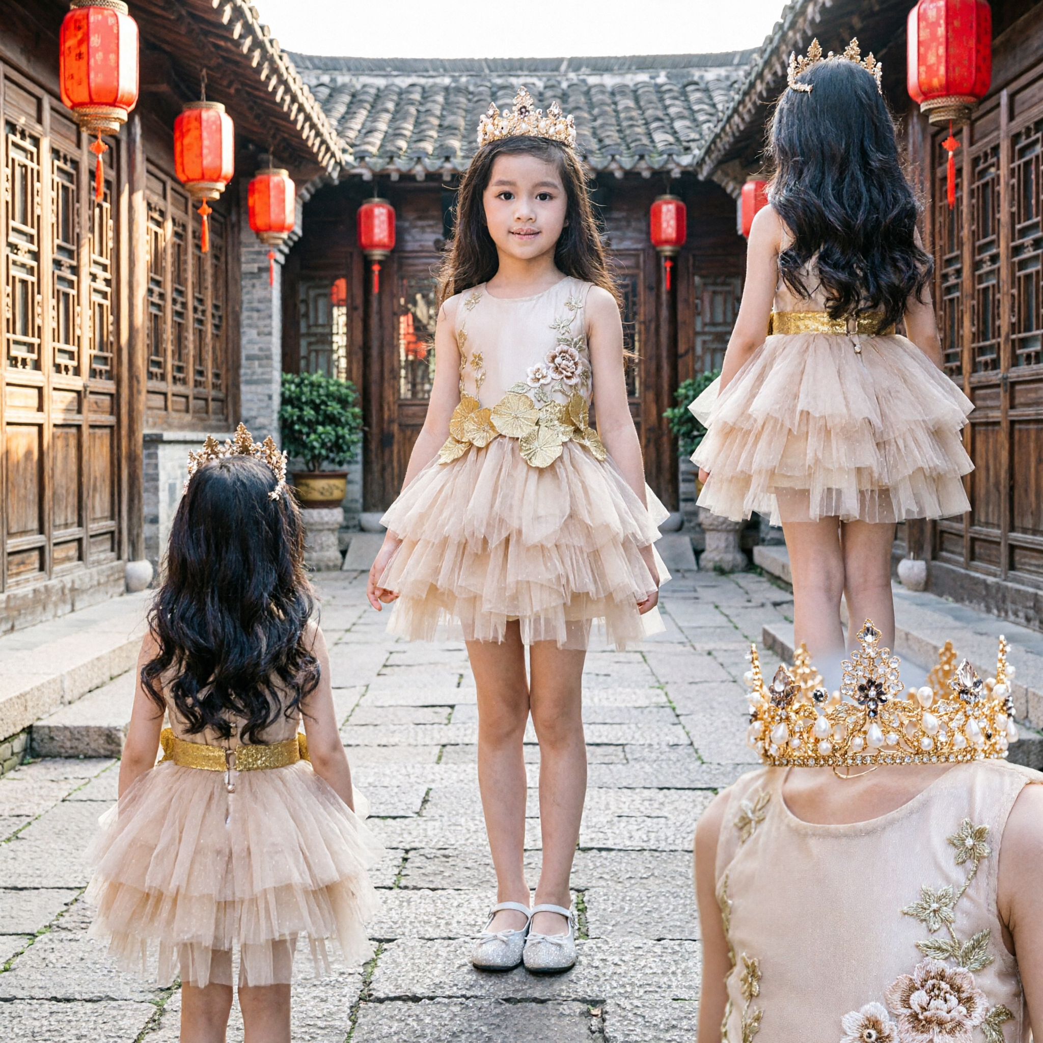 Vestido de Princesa Dorado Champán para Niñas con Bordado Floral y Falda de Tul en Capas para Bodas y Damita de Honor - Asian Costume