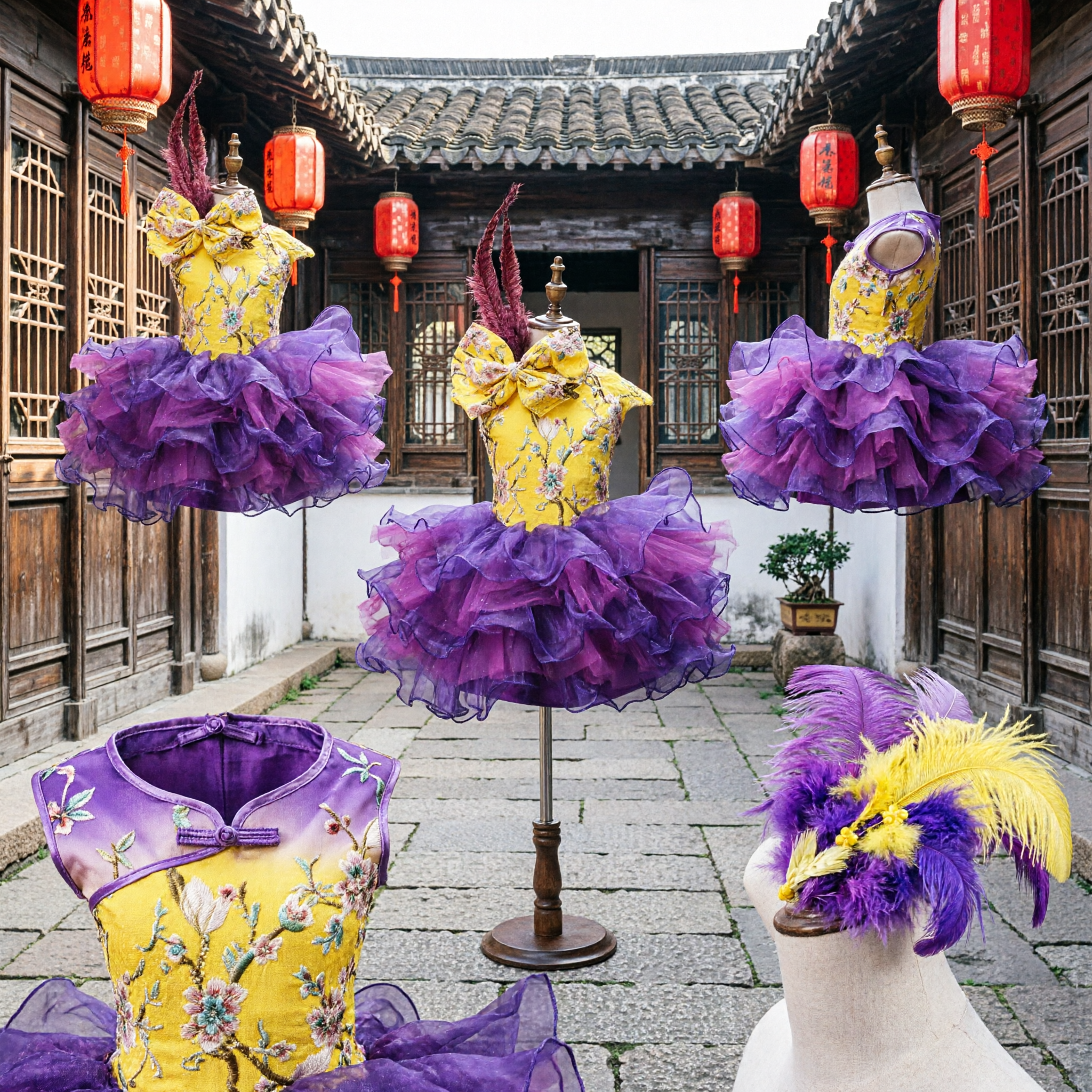 Abito da Danza Latina Giallo Floreale per Bambine, con Gonna a Balze Viola per Performance sul Palco e Carnevale - Asian Costume