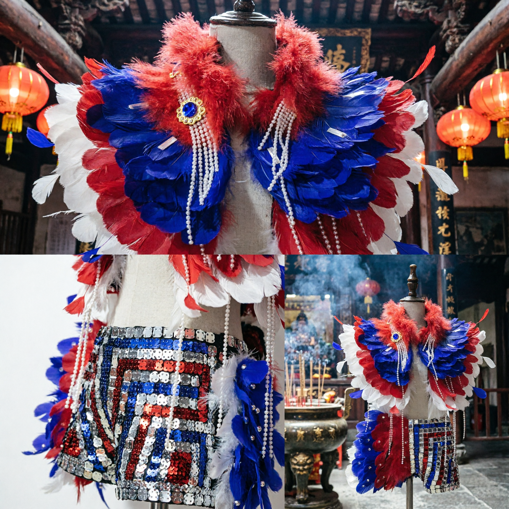 Cappa con Collare di Piume Rosso, Bianco e Blu per Donne, con Gonna di Strass per Sfilata di Carnevale o Performance sul Palco - Asian Costume