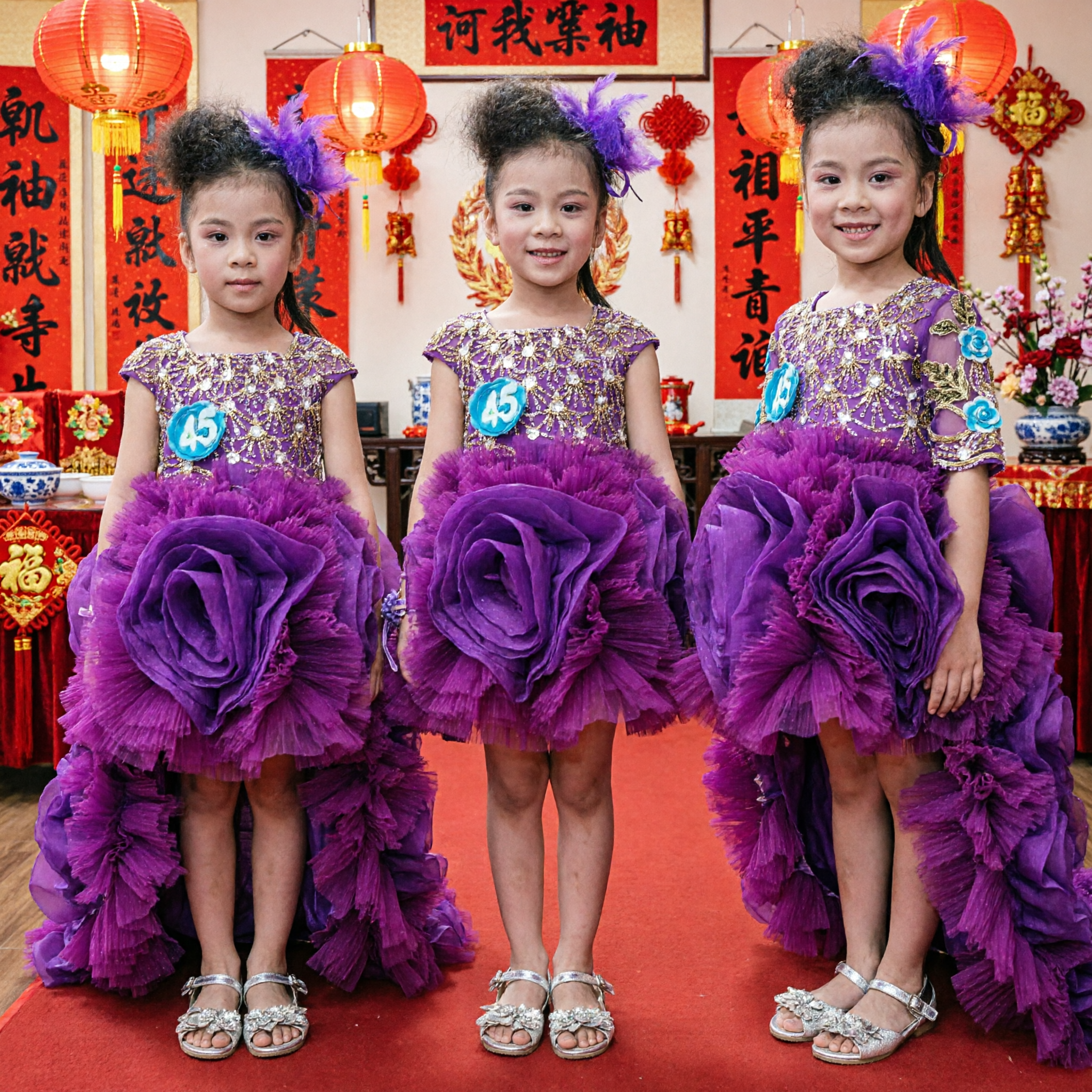 Fioletowa Sukienka z Cekinami i Falbankami w Stylu High-Low dla Dziewczynek na Współczesny Taniec, Występy Sceniczne, Konkursy Piękności i Suknia dla Gospodyni - Asian Costume