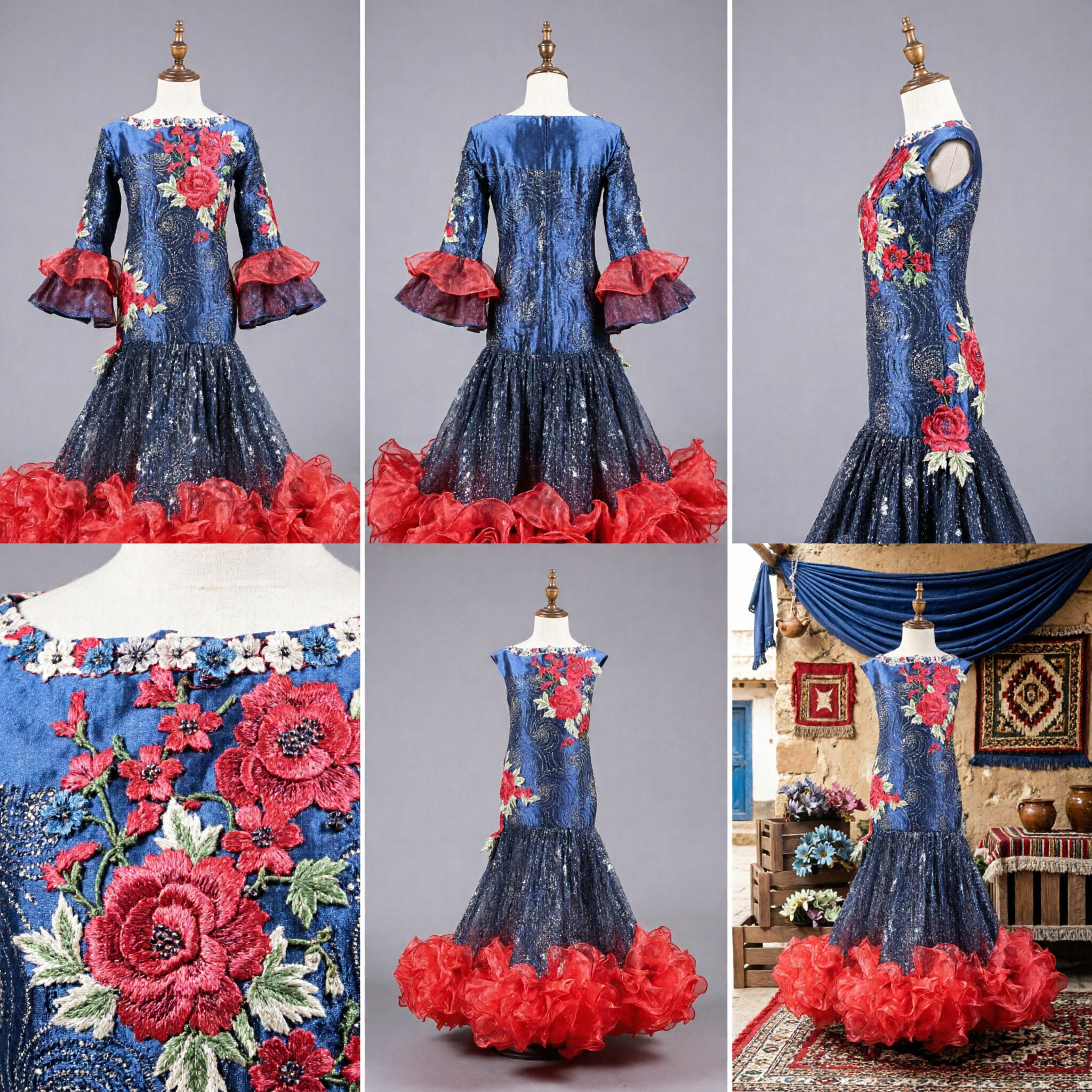 Traditionele Spaanse Flamencojurk Blauwe Bloemenprint Rode Geruite Zoom Dansoptreden Kostuum - Asian Costume