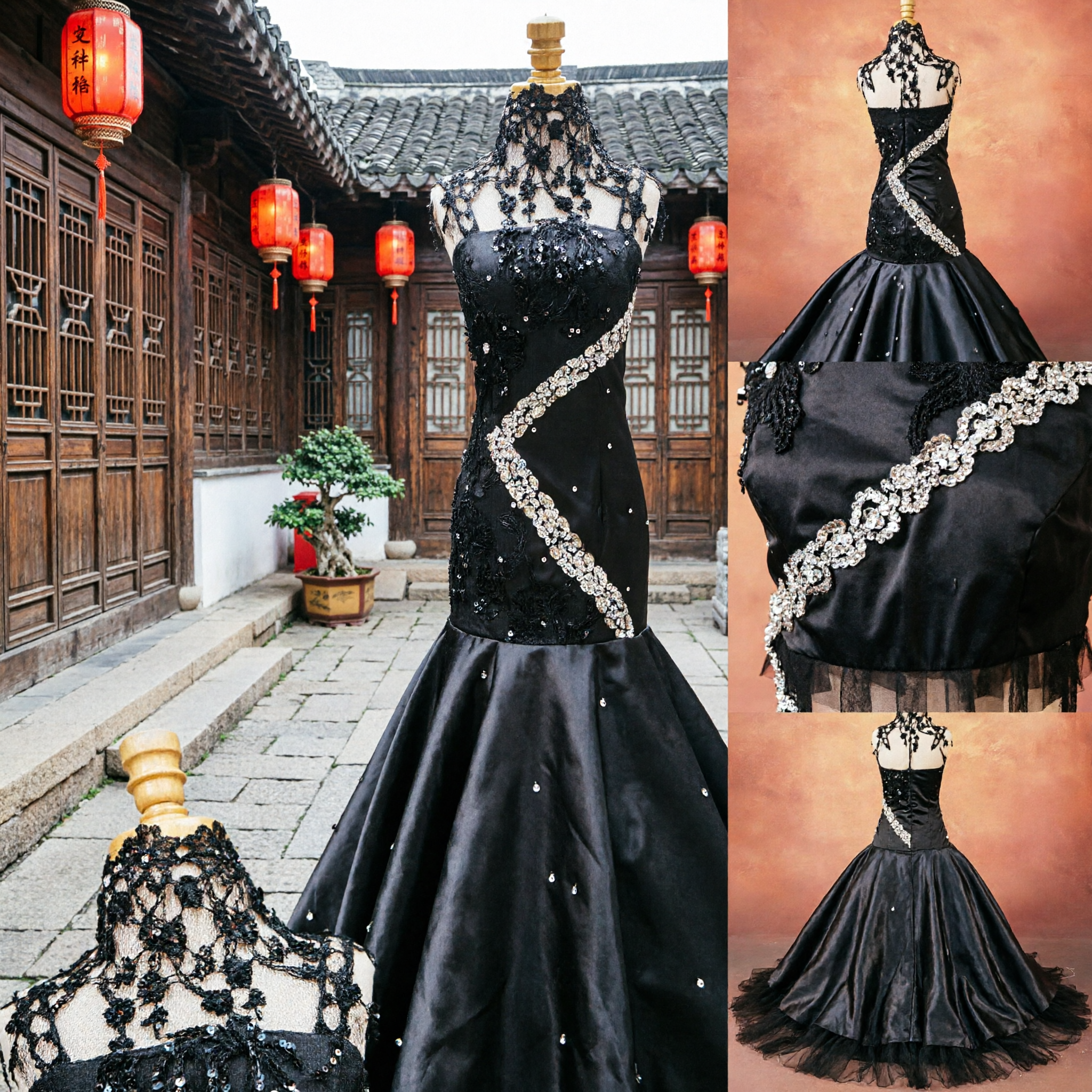Elegant Black Mermaid Evening Gown with Sequined Sash and Lace Neckline for Formal Galas and Stage Performances - Asian Costume