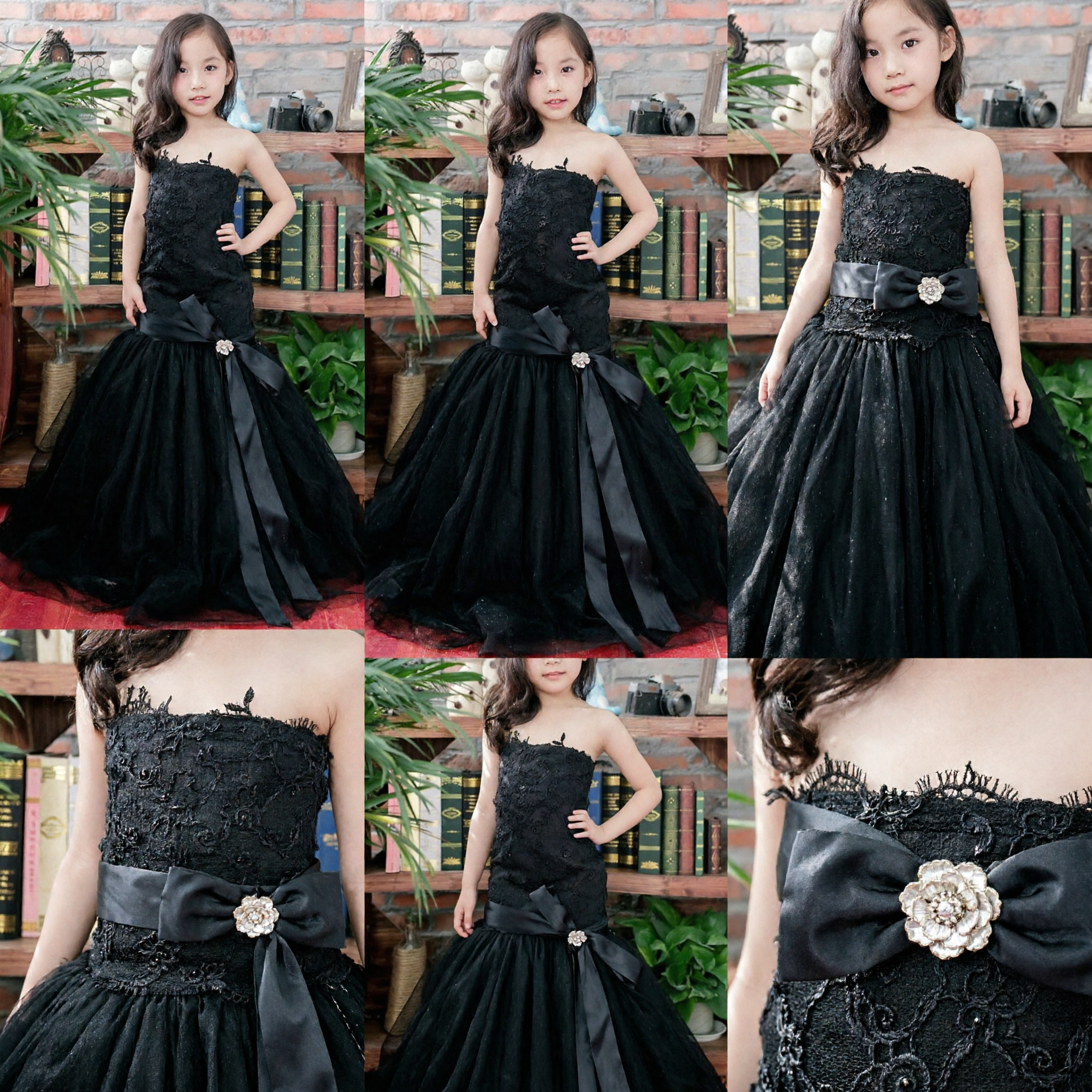 Elegant Black Lace Strapless Mermaid Evening Gown for Girls Formal Wedding Pageant Party Dress - Asian Costume